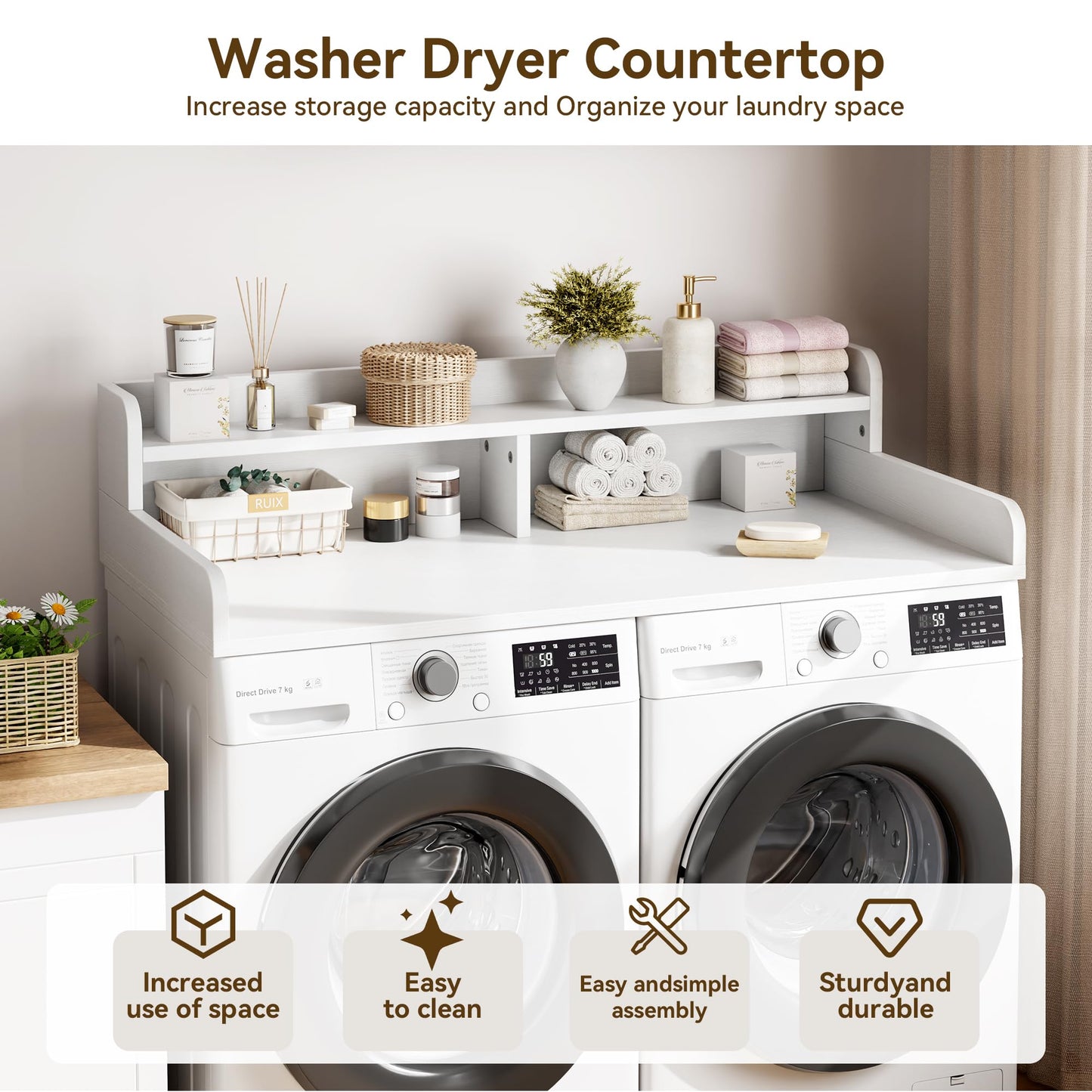 Garvee 54" Washer Dryer Countertop with 2-Tier Shelf, Wooden Laundry Countertop with Non-Slip Pad and Guard Rails, Washer and Dryer Topper for Laundry Room Organization