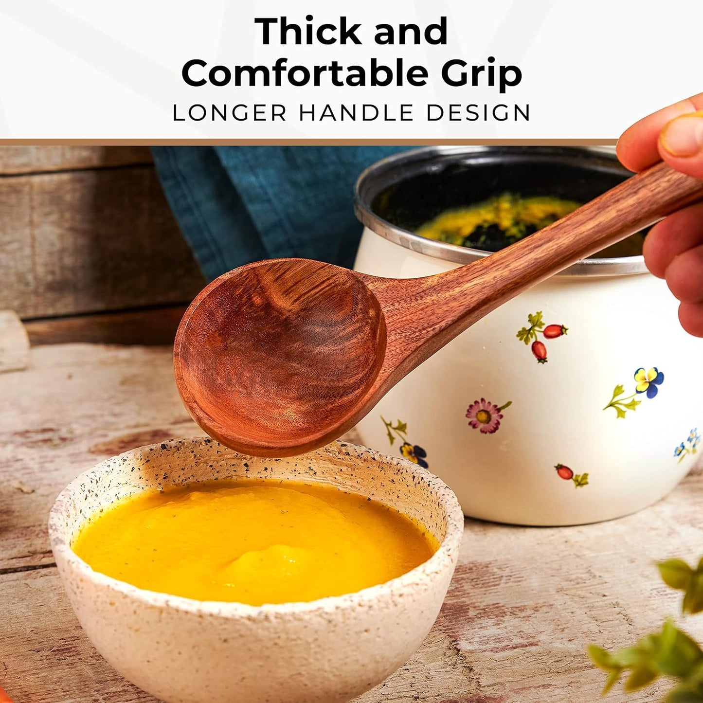 Wooden Ladle for Cooking, Soup Spoon Ladle – Teak Wooden Serving Spoon, 12.4″ Handle, Medium Scoop Size 2 oz – Eco Friendly, Natural and Sustainable