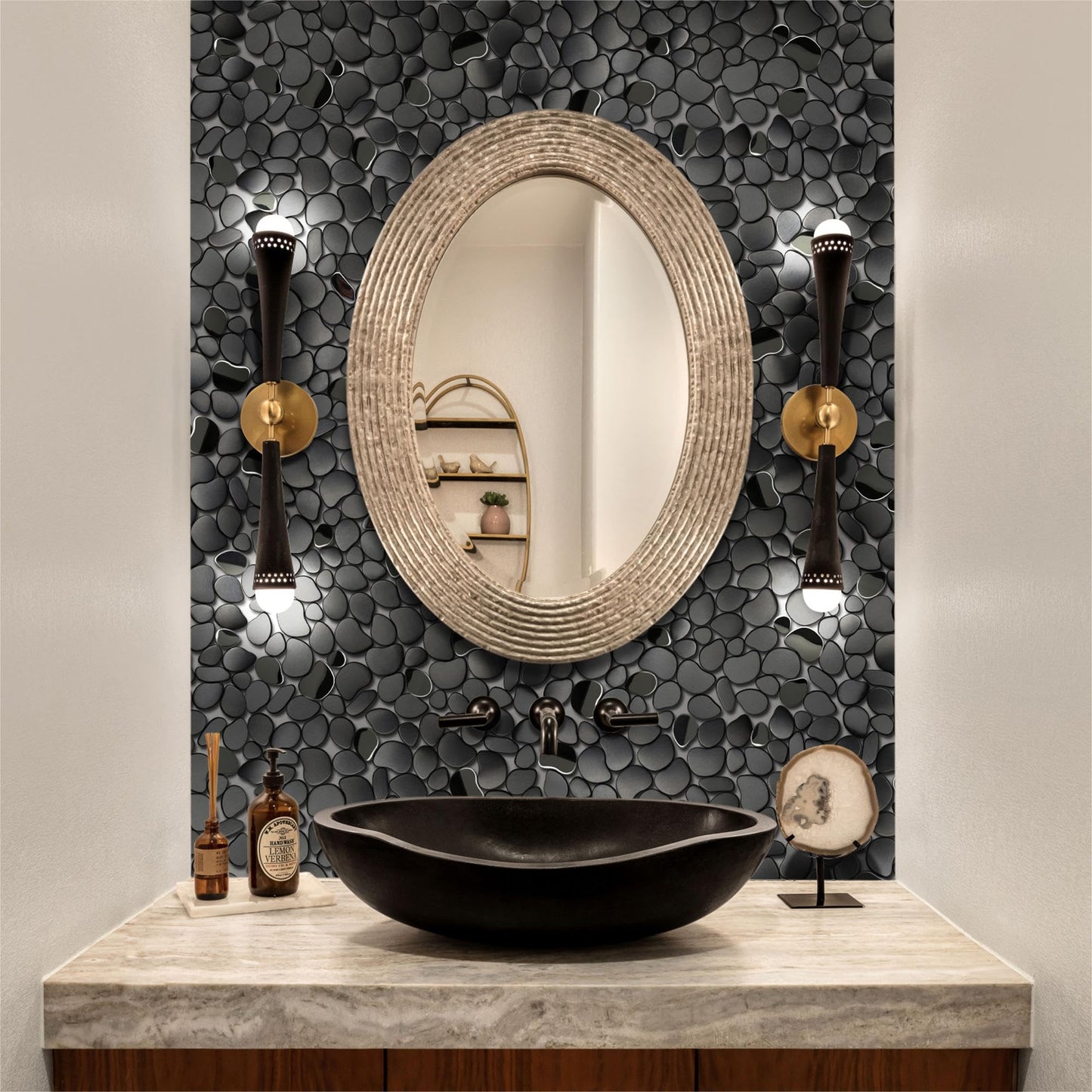 Primoon Black Tile Backsplash Pebble Tile Metal Mosaic Tiles for Kitchen Backsplash Bathroom Shower Floor【5 Sheets】