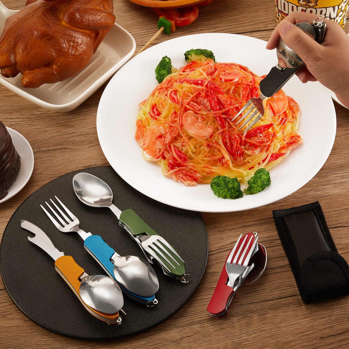 Folding Camping Utensil Set – Stainless Steel Spoon, Fork, Knife & Bottle Opener – Portable Outdoor Tableware, Backpacking Cutlery in Red, Green, Blue, Black, Gold(5 Pcs)