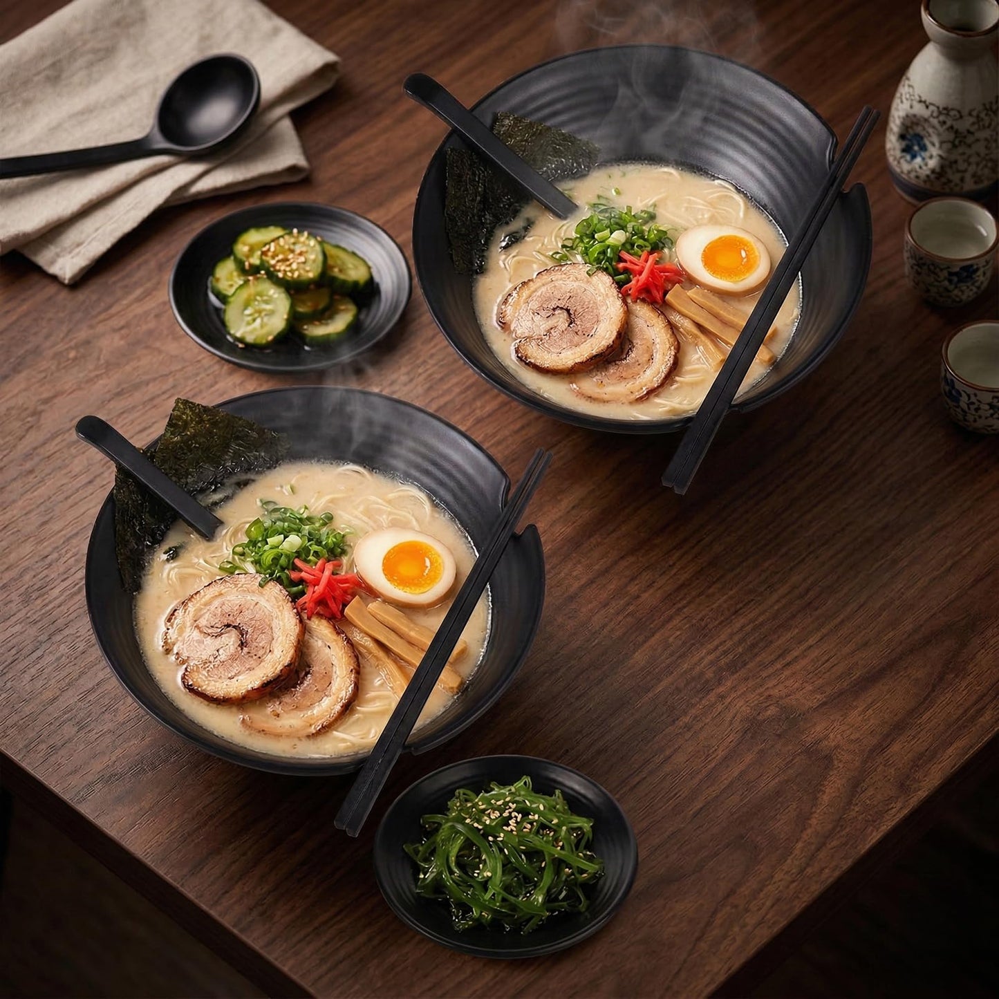 4 Sets Unbreakable Japanese Style Ramen Bowl, 44 oz Large Black Matte Melamine Bowls and Spoons Set with Chopsticks & Saucers, Melamine Large Ramen Bowls Sets for Pho, Thai, Miso, Udon, Asian Food