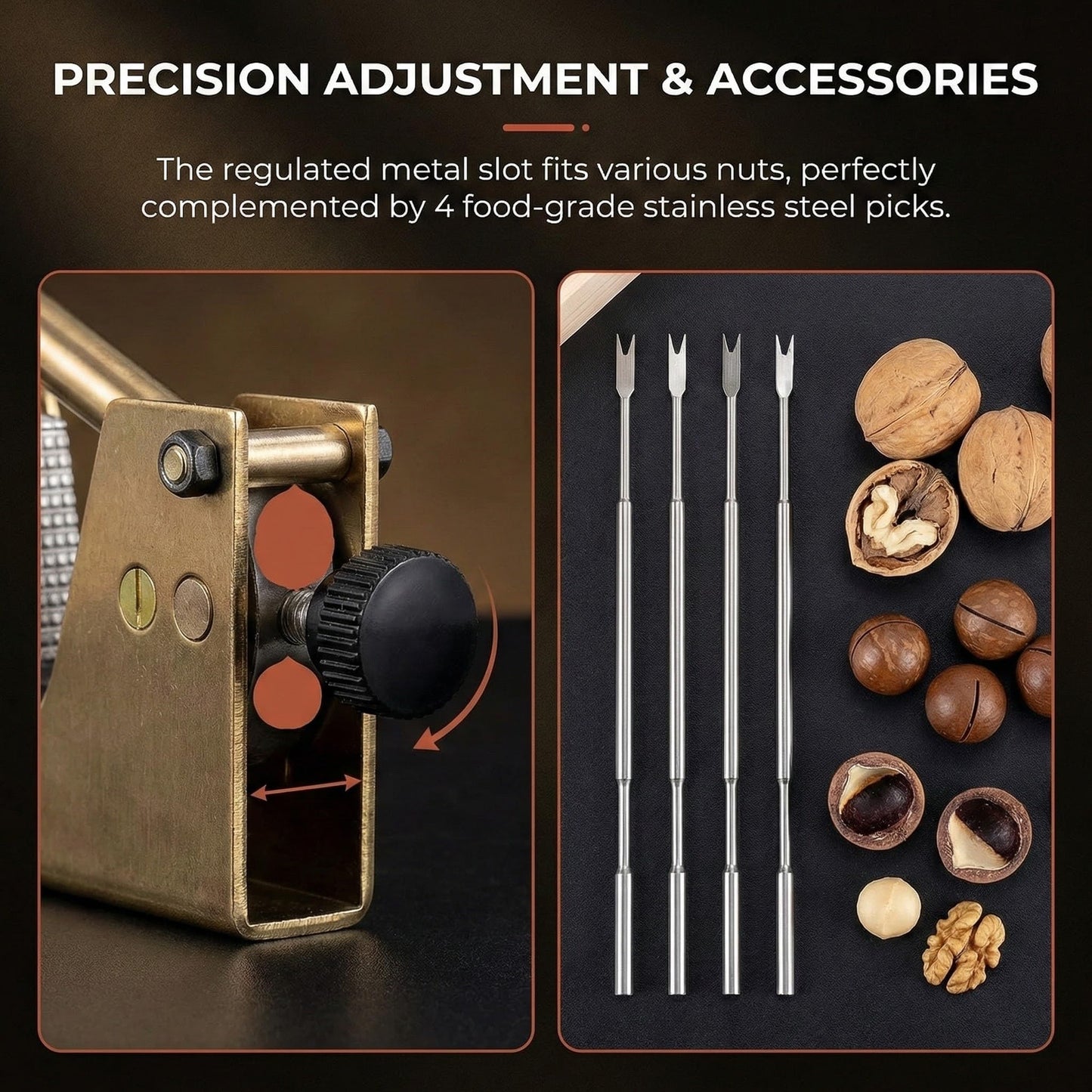 Nut Cracker Tool with Adjustable U-Groove - All-in-One Set with Wooden Storage Base & 4 Steel Picks for Pecans, Walnuts, Macadamia & More
