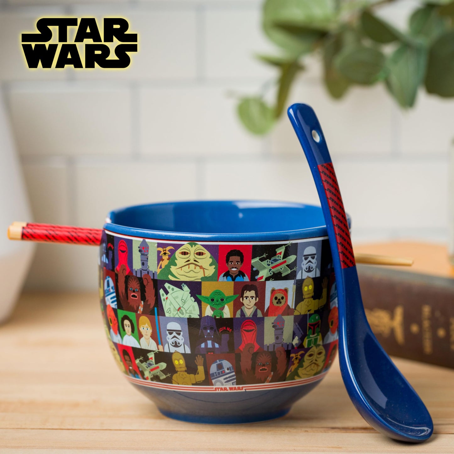 Silver Buffalo Star Wars Characters Ceramic Ramen Noodle Rice Bowl with Chopsticks and Spoon, Microwave Safe, 20 Ounces