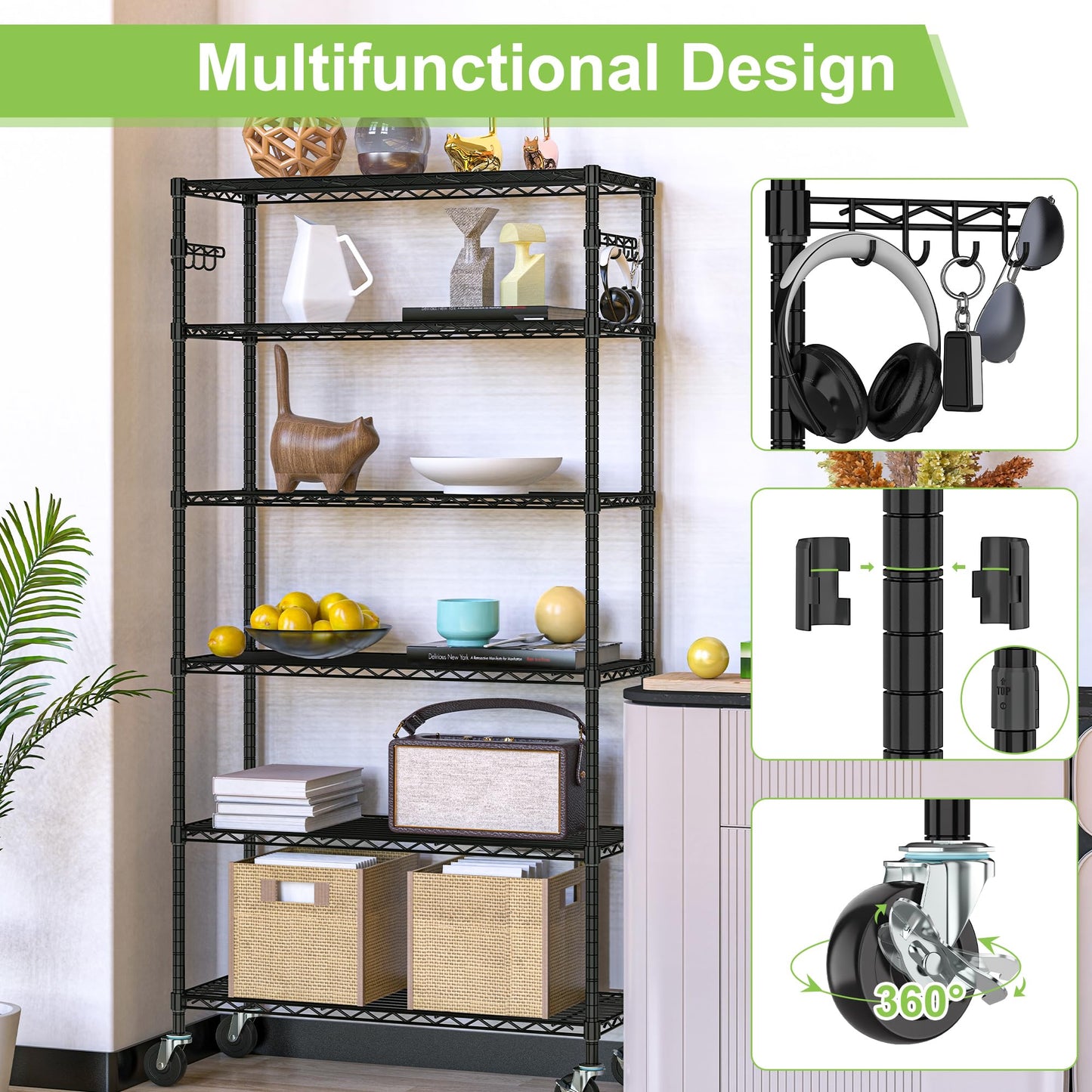 Alexayhome Heavy Duty Wire Metal Shelving with Wheels 6 Tier Garage Storage Utility Rolling Shelves Rack Unit Industrial Adjustable Sturdy Shelving for Kitchen Garage Pantry Bathroom Laundry