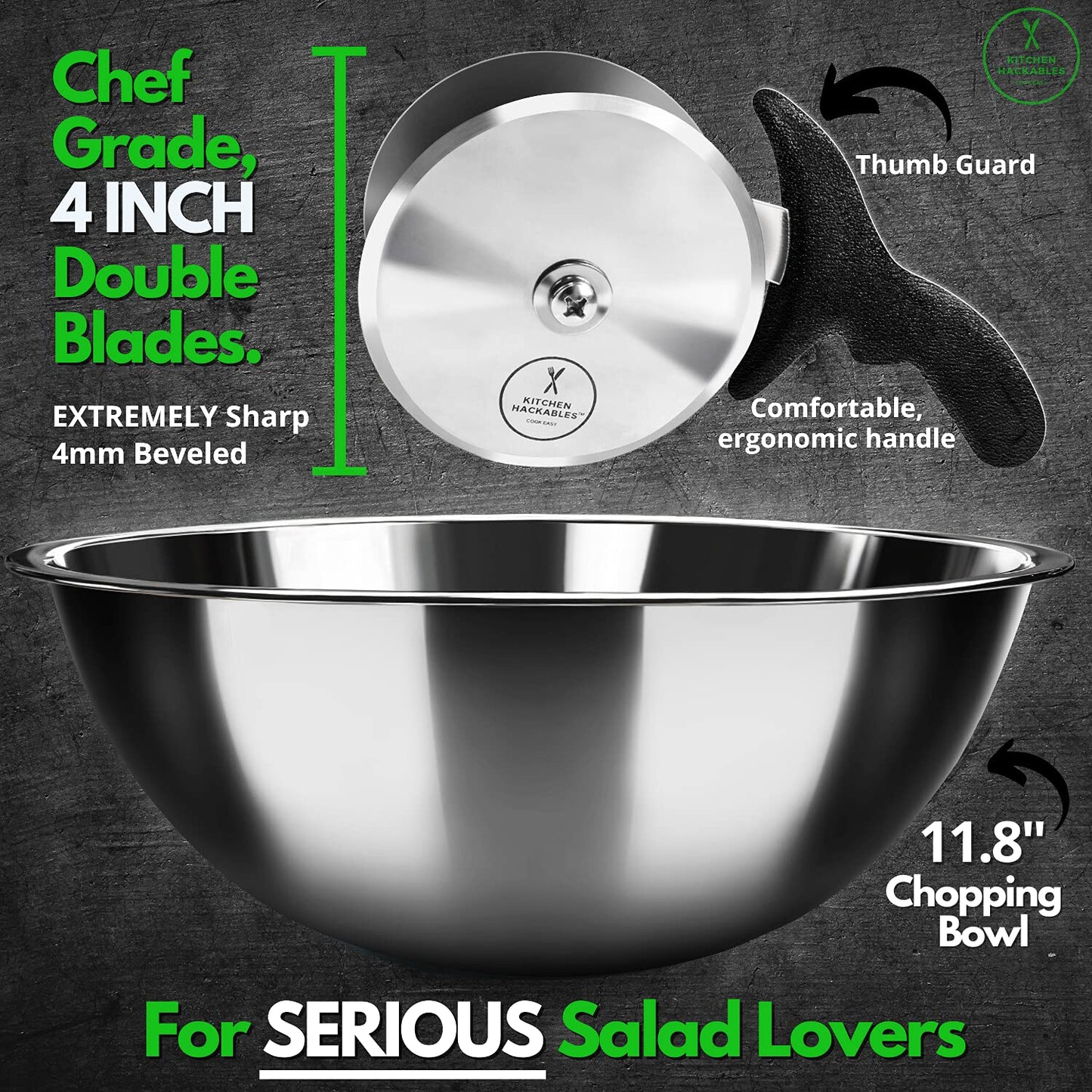 Kitchen Hackables Stainless Steel Salad Cutter Bowl with Chef Grade Mezzaluna Ultra-Fast Salad Prep