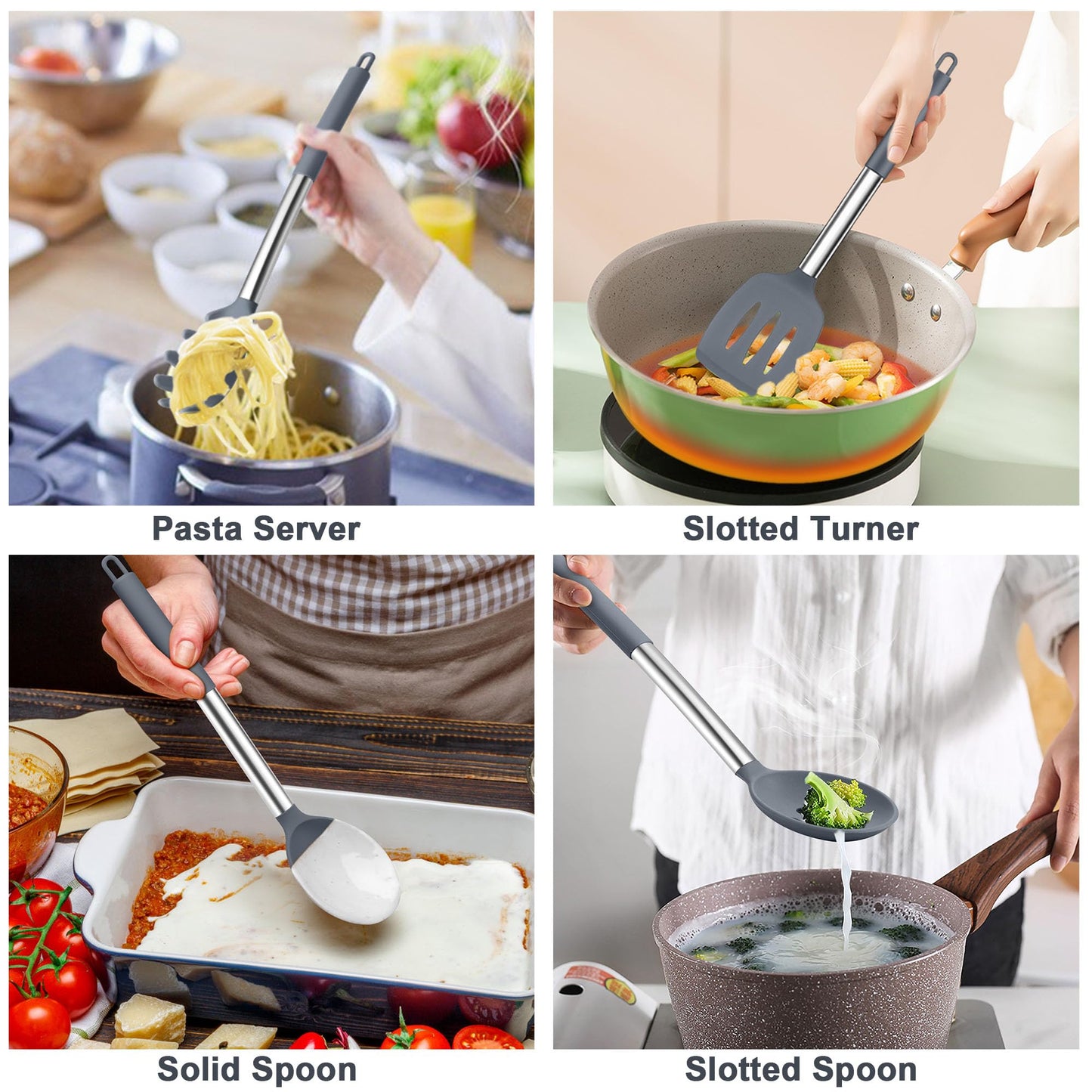 TeamFar Silicone Cooking Utensils Set, 5 PCS Heat-Proof Kitchen Utensils with Stainless Steel Handle, Turner/Spoon/Pasta Server for Nonstick Cookware Frying Flipping Draining, Light Grey