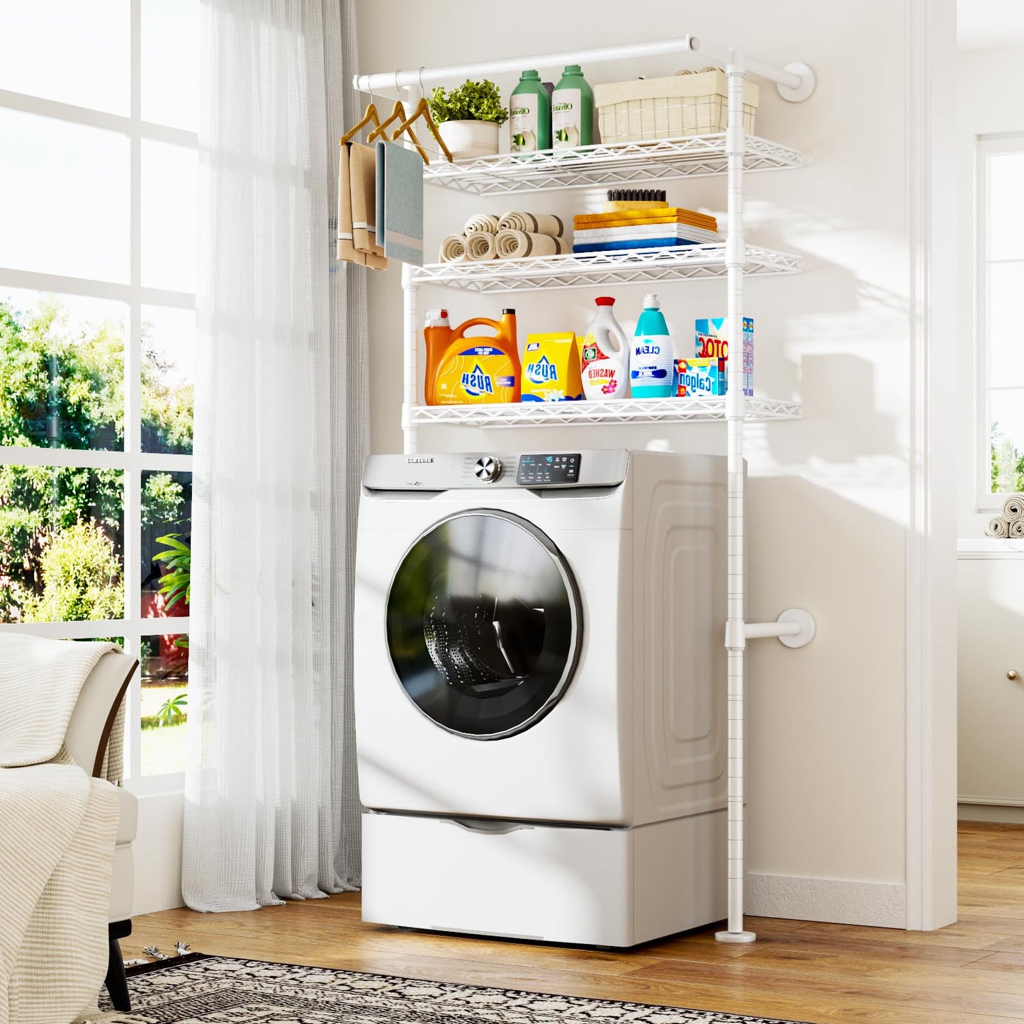 ULIFHOME U17 Wall-Mounted Over The Washer Dryer Shelves Without Moving Machines, Laundry Room Rack with Adjustable Shelves and Hanger Rod, 35" W x 22" D x 86.2" H, Holds 352 lbs, White