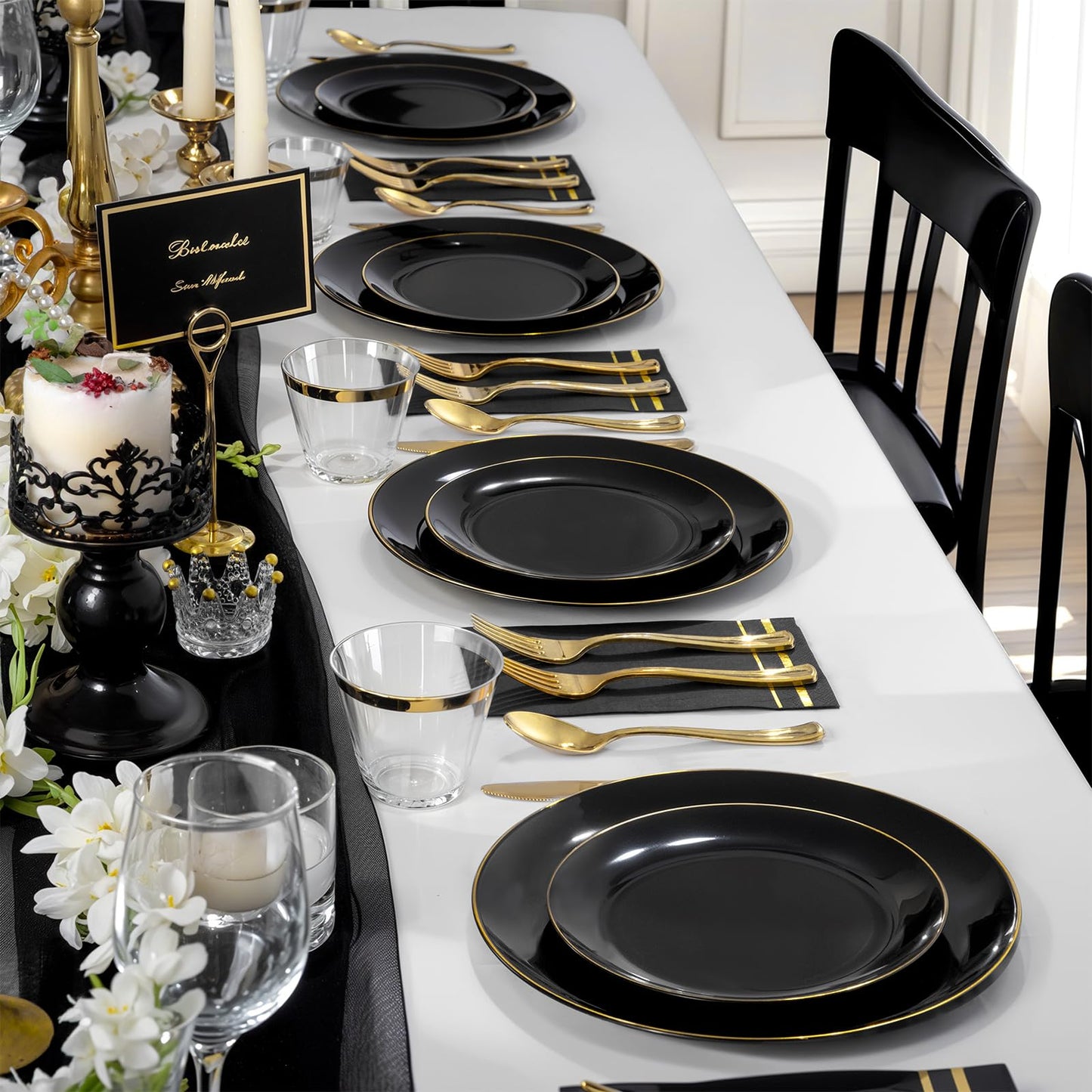 NOCCUR 350PCS Black and Gold Plastic Plates - Black Disposable Dinnerware Set for 50 Guests, 100 Dinner/Dessert Plates, 150 Gold Silverware, 50 Cups&50 Napkins for Party/Birthday/Graduation