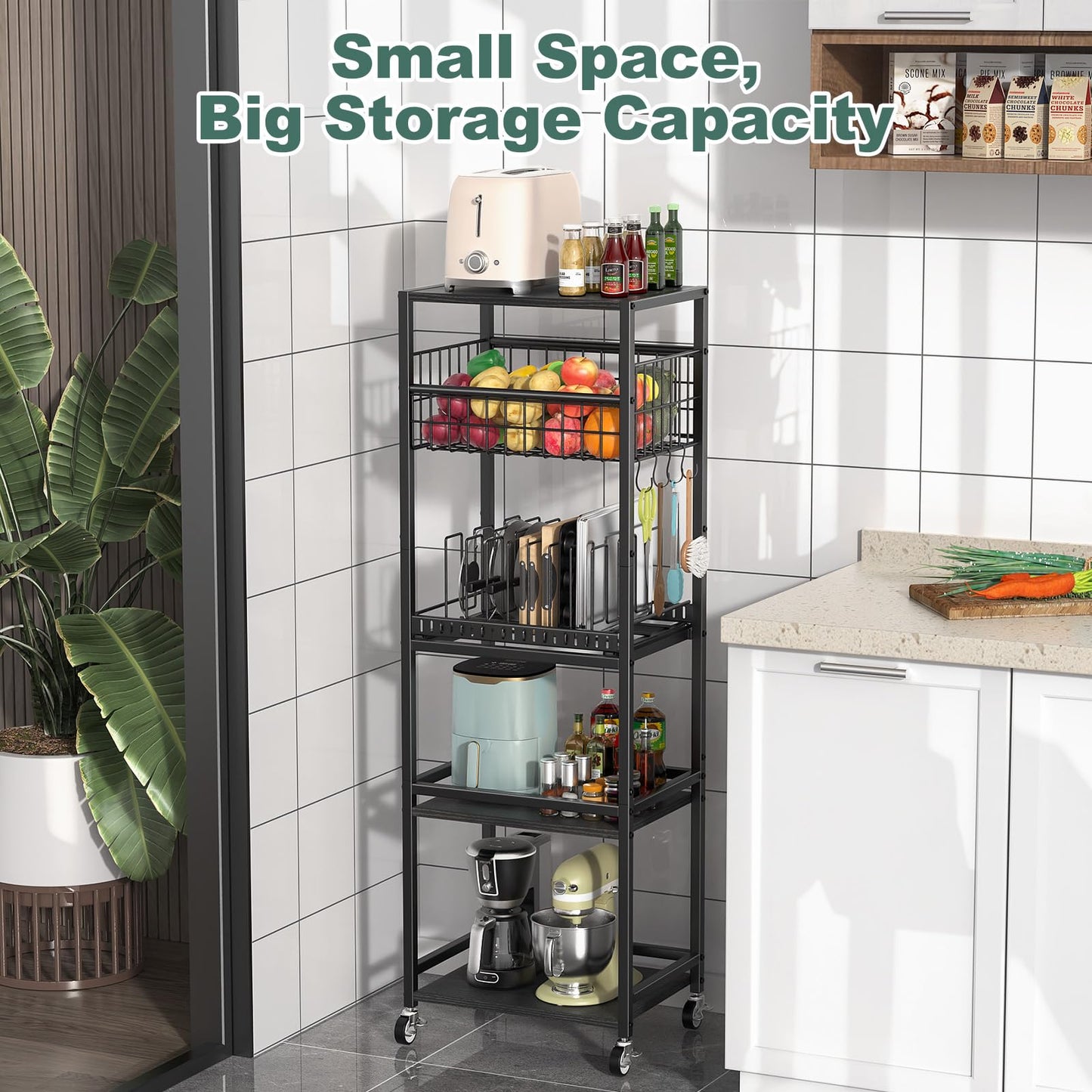 Housolution 5 Tier Kitchen Rolling Cart, Storage Cart with Metal Fruit Vegetable Basket and Pull-Out Pot Lid Cutting Board Organizer, Storage Rack with Wooden Top for Kitchen, Pantry, Bathroom