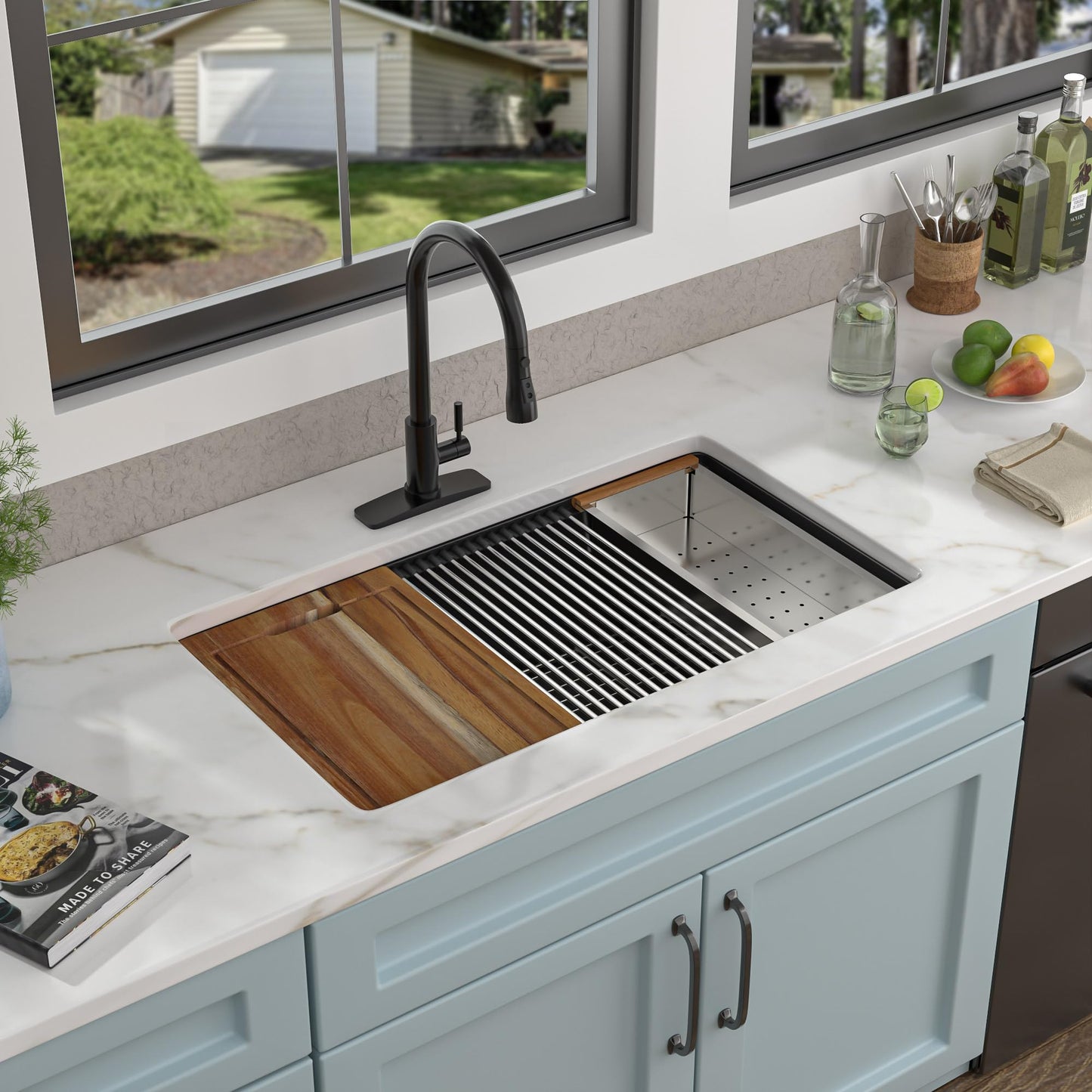 Fulorni 32"x19" Granite Composite Kitchen Sink - Undermount Matte Black Ledge Workstation Quartz Classic Under Counter Single Bowl Sink Basin