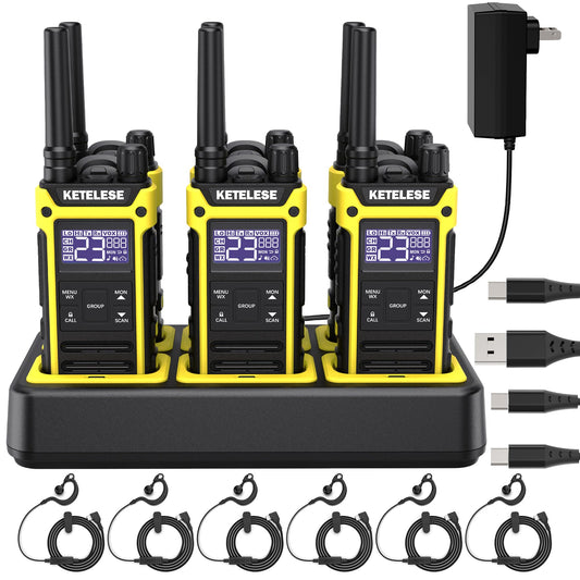 KETELESE T3F Walkie Talkies 6 Pack for Adults, IP67 Waterproof 2 Way Radios Rechargable, with Earpiece and Mic, Shock Resistant, Dual PTT, One Key Group Call, VOX, NOAA&Wheather Alert, Black/Yellow