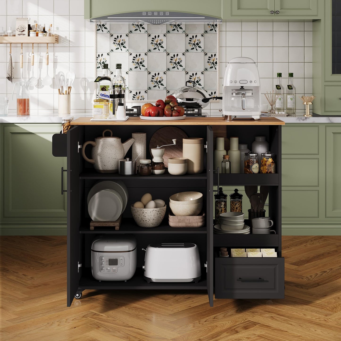 IDEALHOUSE Rolling Kitchen Island on Wheels, 48'' Mobile Kitchen Cart with Drop Leaf, Butcher Block Island with Open Shelf, Drawer, Spice Rack, Wood Top, and Lockable Wheels