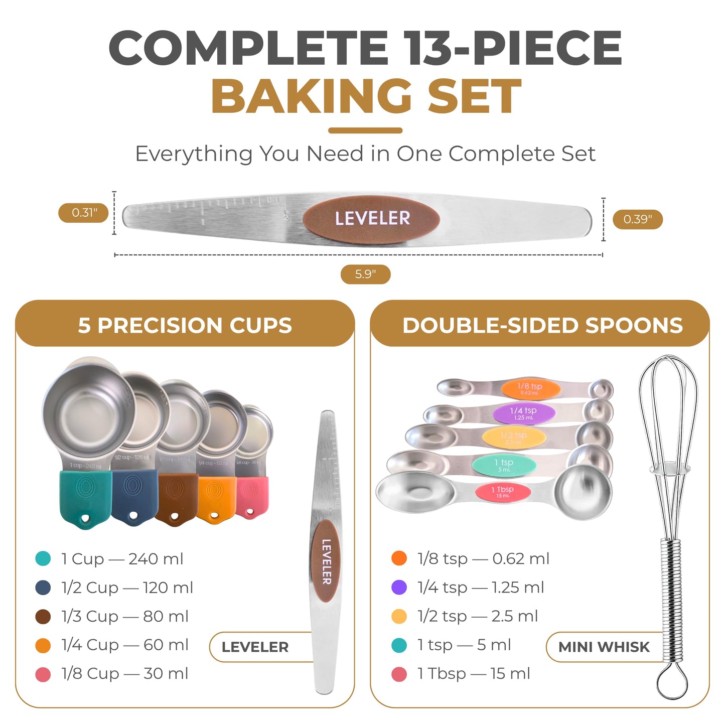 Magnetic Measuring Cups and Spoons Set, 13 Piece 304 Heavy Duty Stainless Steel with Leveler, Mini Whisk & Conversion Chart, Stackable Nesting Design, Double Sided Spoons for Dry & Liquid Ingredients