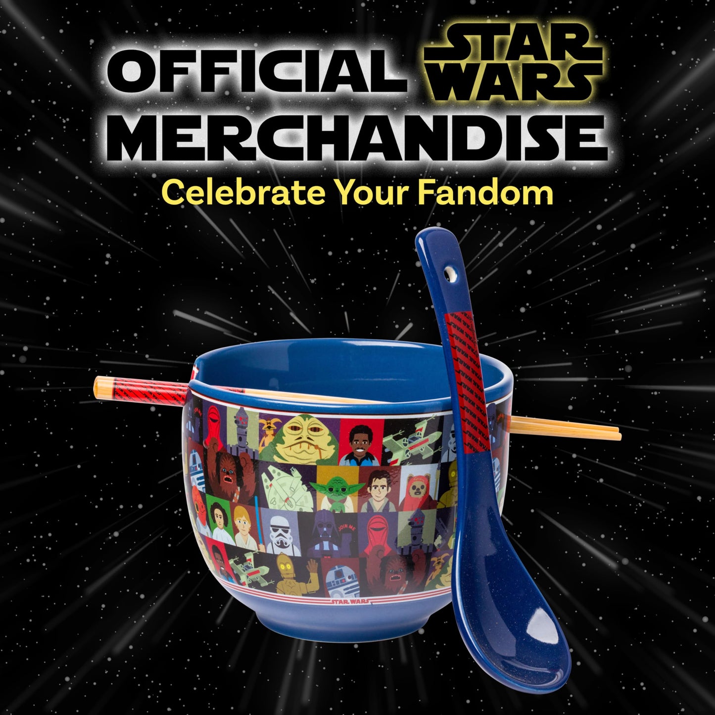 Silver Buffalo Star Wars Characters Ceramic Ramen Noodle Rice Bowl with Chopsticks and Spoon, Microwave Safe, 20 Ounces