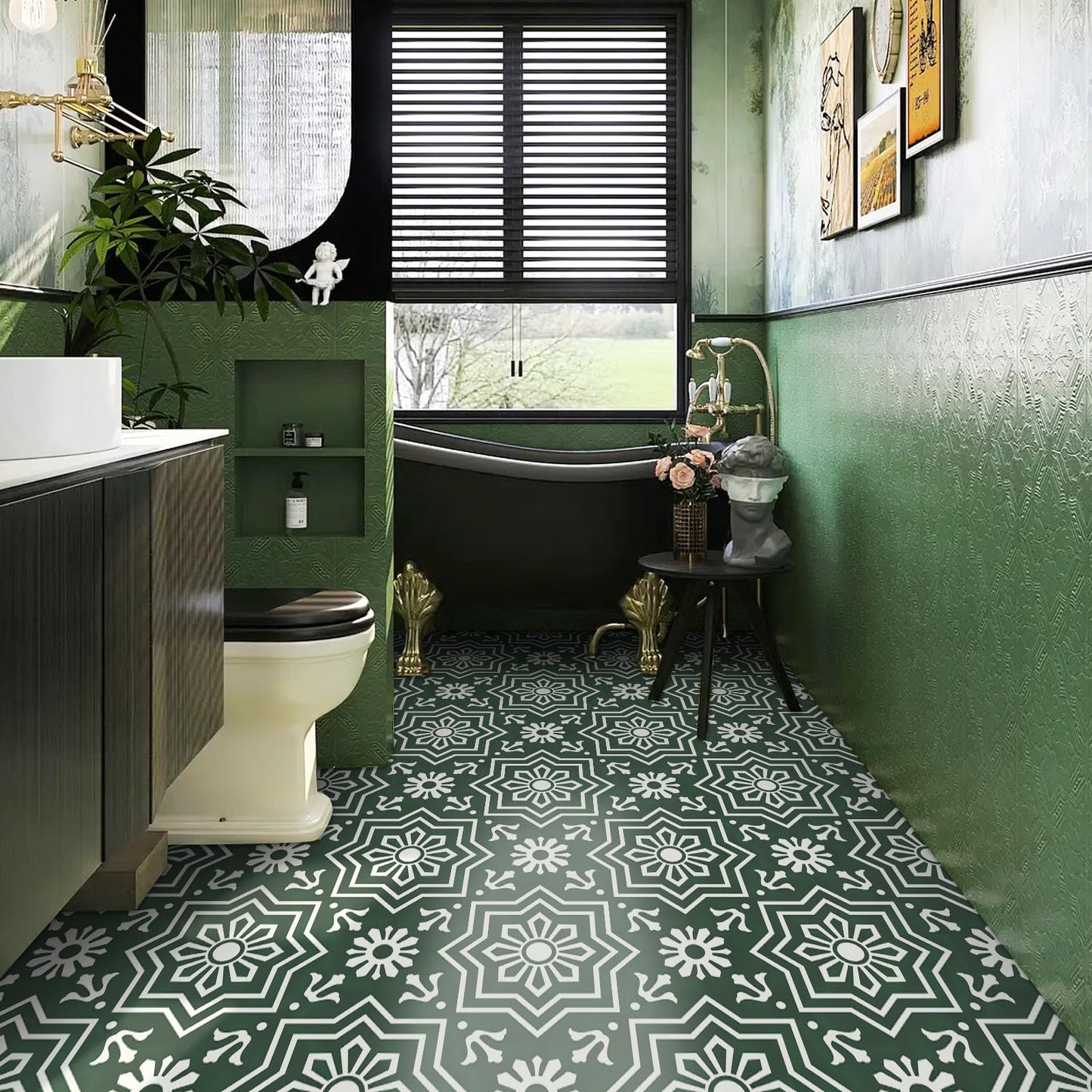 MORCART 20 Pack Peel and Stick Floor Tile, 7.87"x 7.87" Vinyl Flooring, Removable DIY Flooring for Bathroom, Kitchen, Fireplace, Stairs, Bedrooms, Wall, Pantry Room Waterproof Dark Green