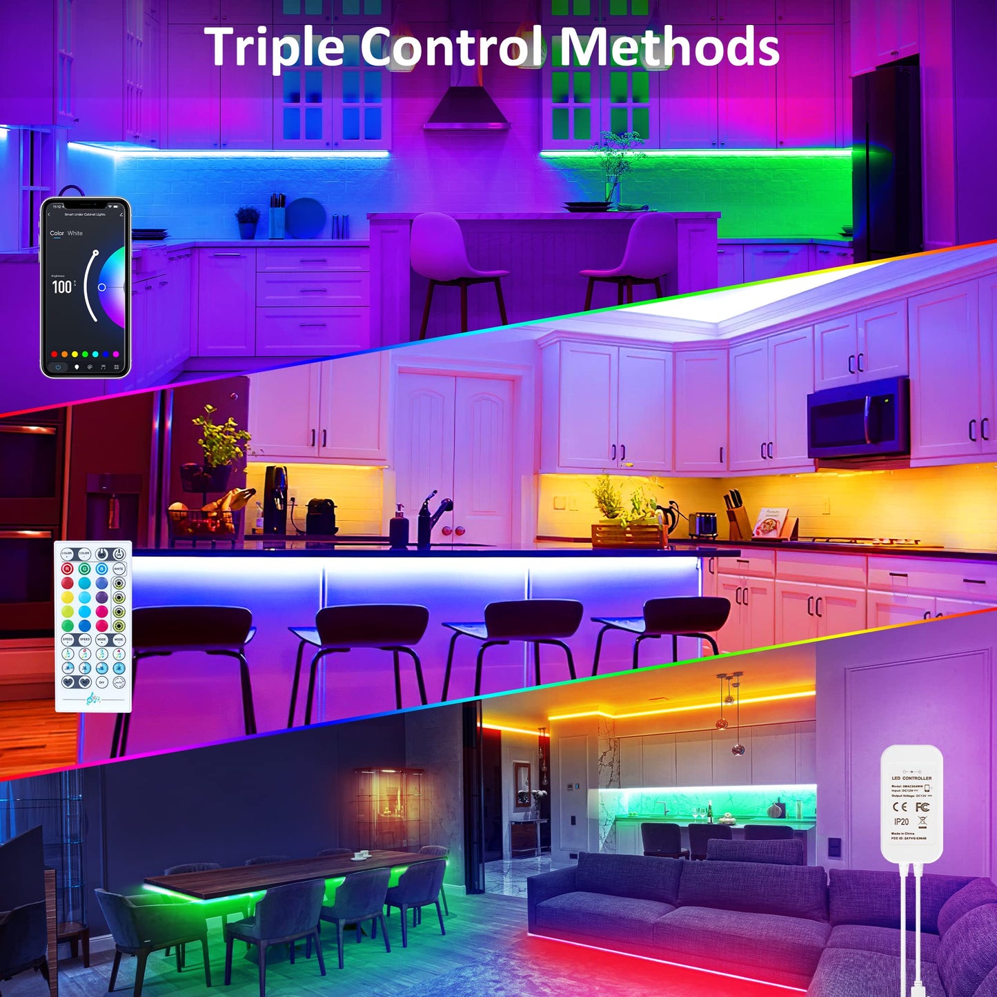 maylit 8 PCS 3.3FT Smart RGB Under Cabinet Lights Kit, Work with Alexa and Google Assistant, App and Remote Control, Music Sync Color Changing, Timer, Dimmable, for Cabinet, Counter, Shelf, Bookcase