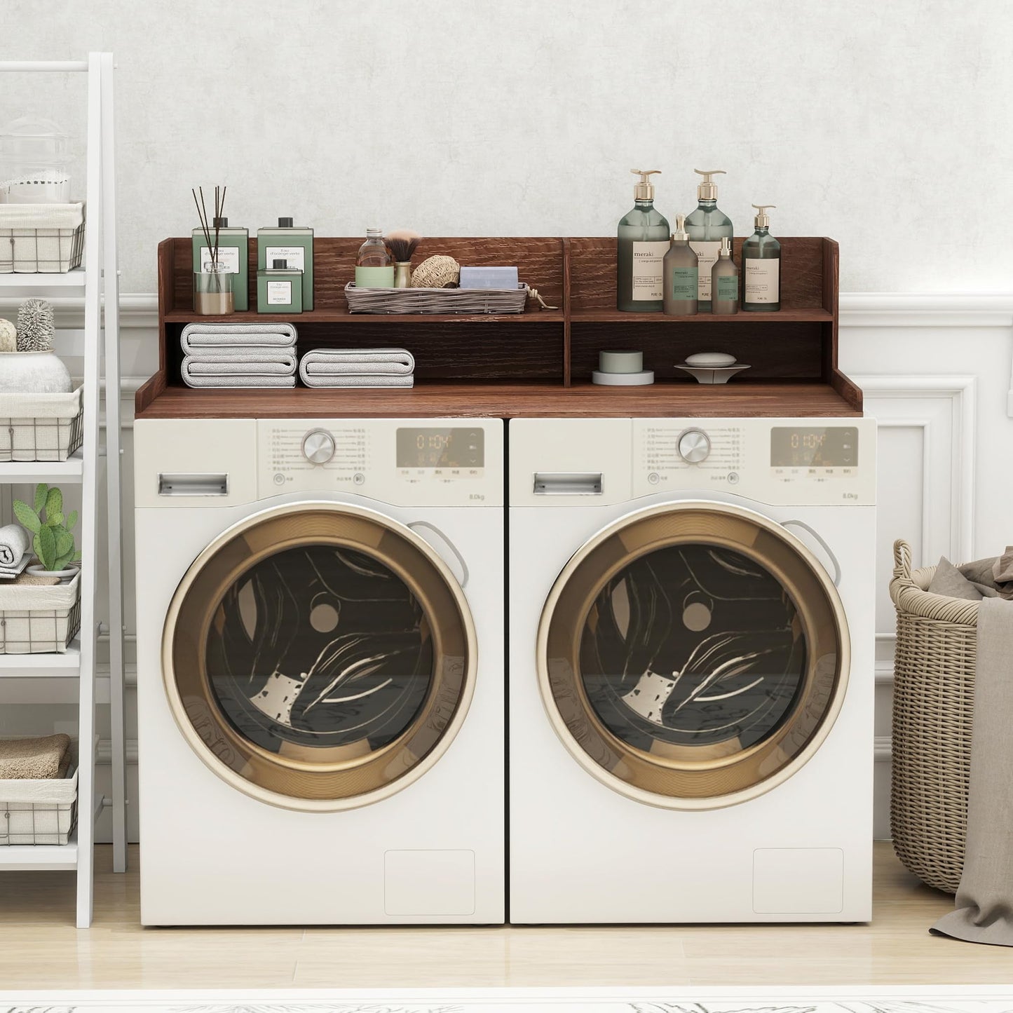 Laundry Topper For Washer And Dryer, Large Laundry Countertop Cover With Non-Slip Pads , 2 Tier Wooden Washer Dryer Topper For Folding Clothes, Laundry Countertop Over Washer And Dryers,Walnut