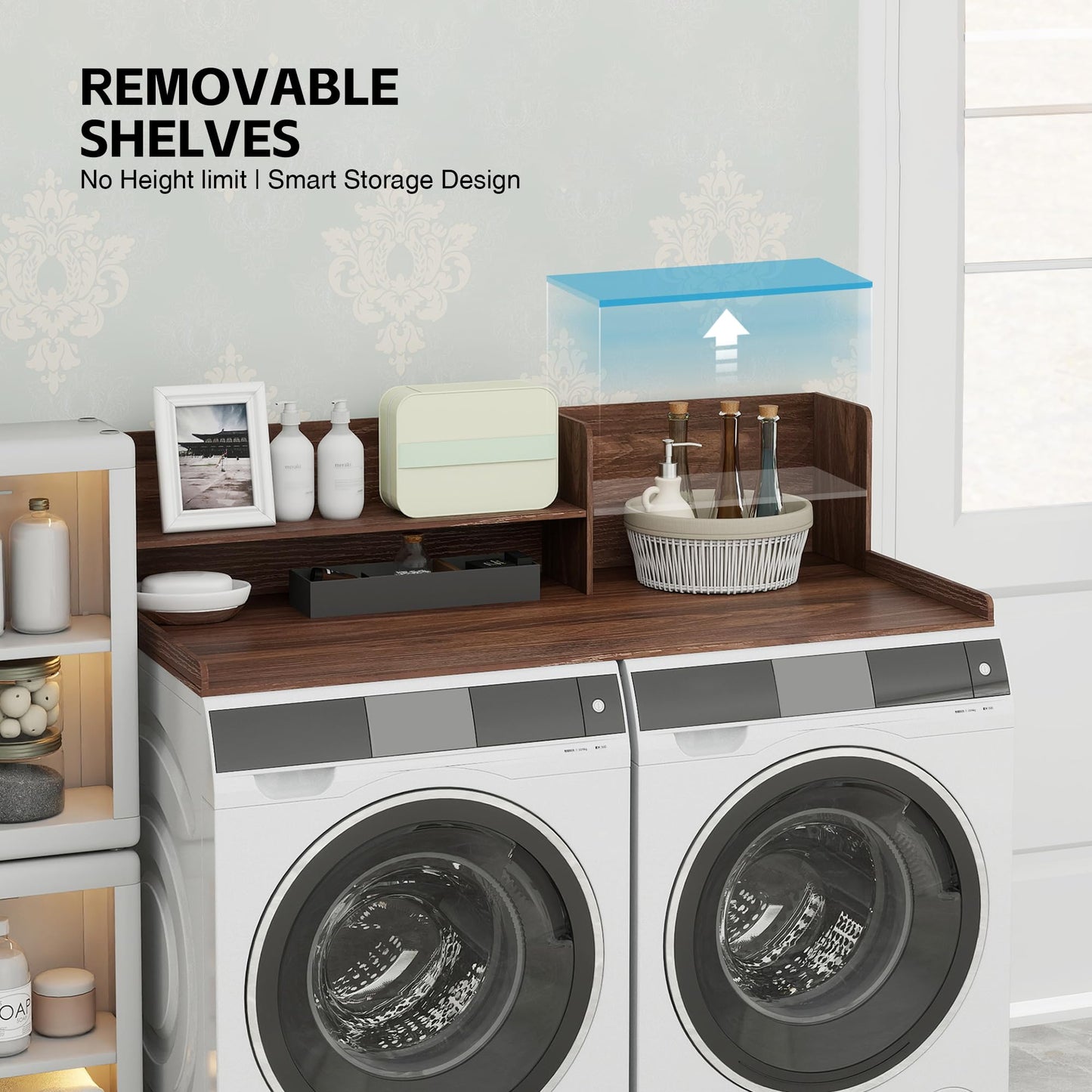Laundry Topper For Washer And Dryer, Large Laundry Countertop Cover With Non-Slip Pads , 2 Tier Wooden Washer Dryer Topper For Folding Clothes, Laundry Countertop Over Washer And Dryers,Walnut