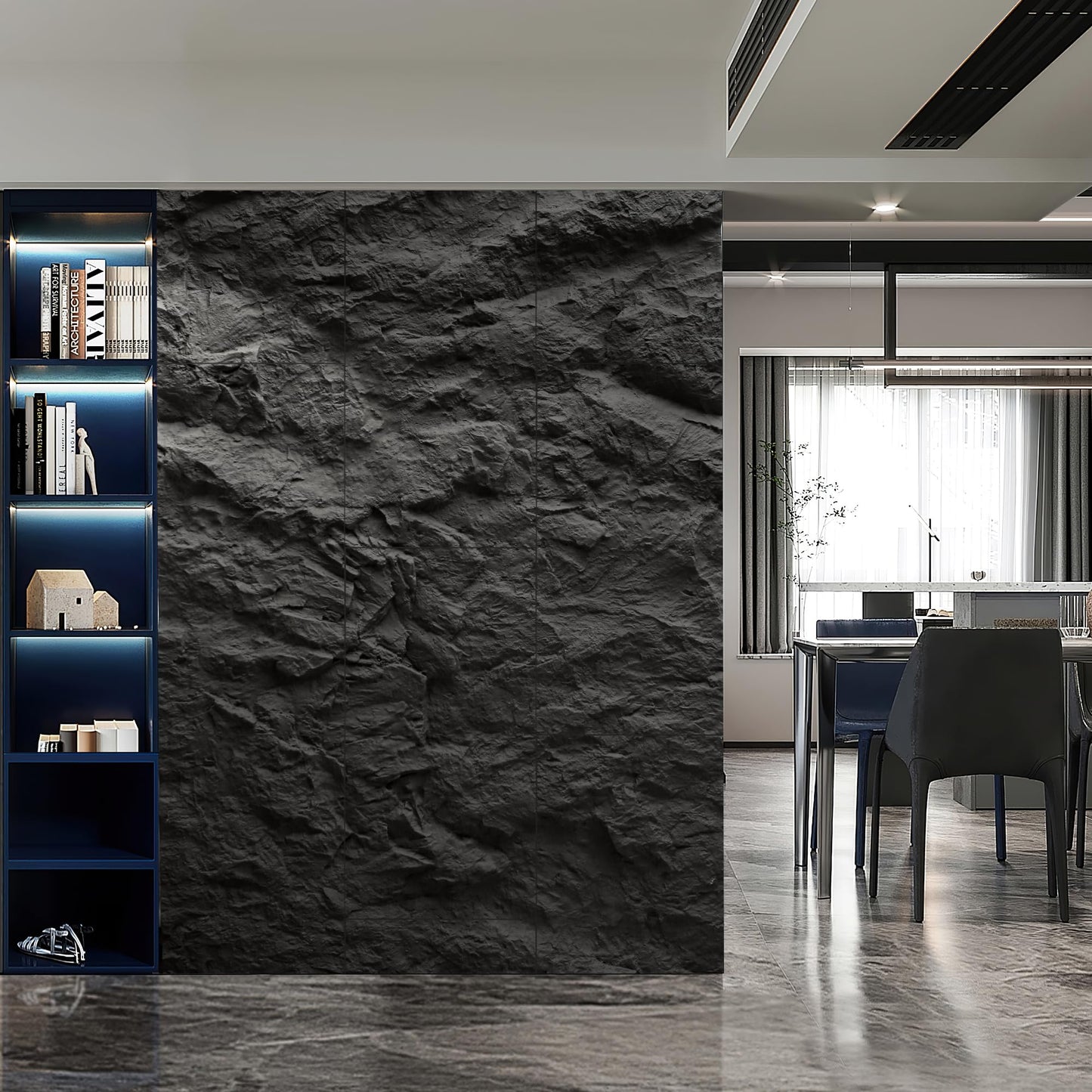 KASARO 3D Faux Stone Wall Panels, 4 PCS PU Wainscoting Panel for Interior Wall Decor, Cement Texture Thicker Accent for Home, Office, 43.3 × 23.6 inch, Black