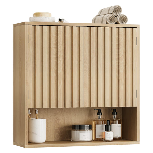 Smart FENDEE Bathroom Wall Storage Cabinet with Fluted Doors, Medicine Cabinet with Adjustable Shelf, Over The Toilet Storage Cabinet for Laundry Room & Kitchen & Living Room, Natural Oak