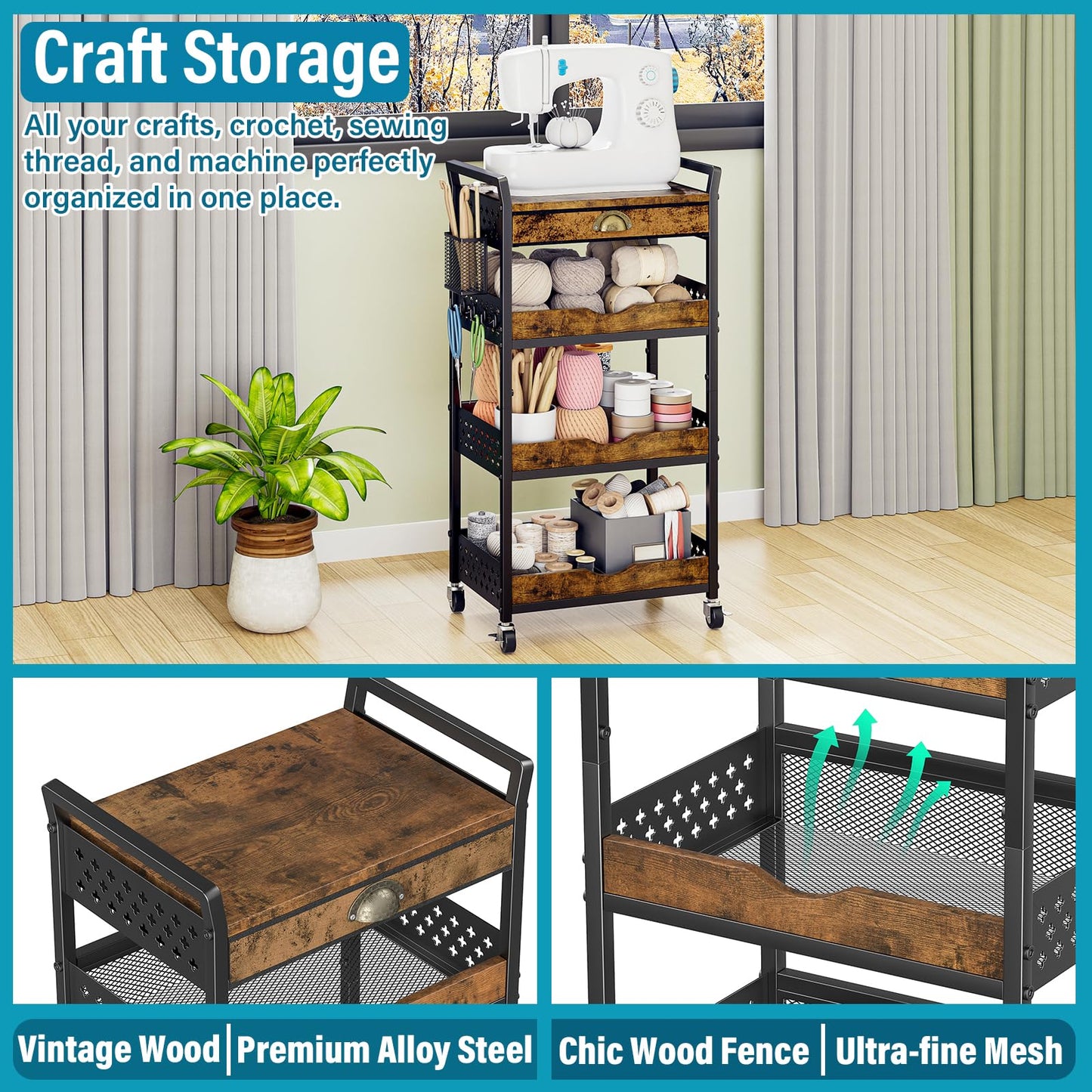 DYUTFZU 4-Tier Rolling Cart Organizer, Industrial Aesthetics Wood & Metal Utility Storage Cart with Pegboard, Drawer, Hanging Basket & Hooks for Kitchen, Craft Room, Bedroom, Bathroom, Coffee Station