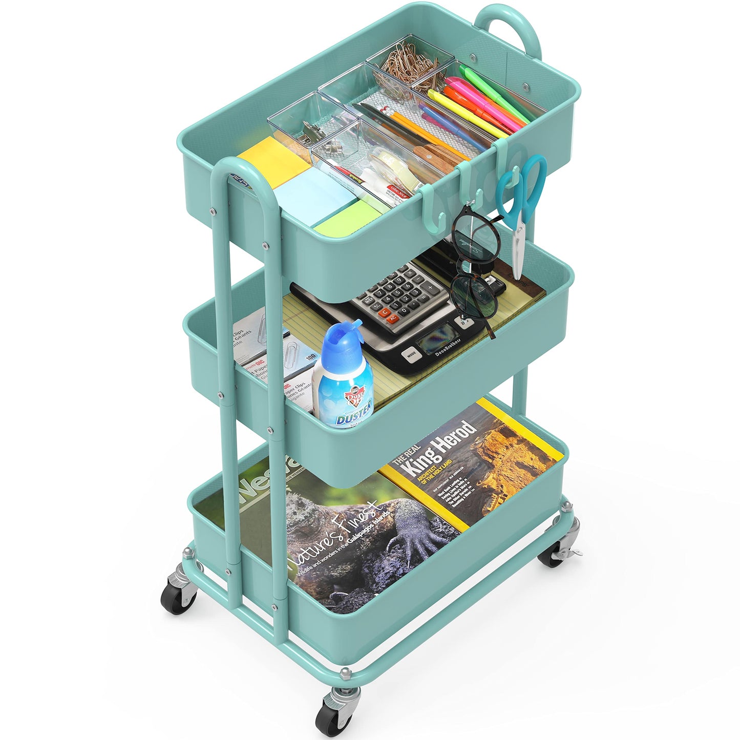 Simple Houseware 3-Tier Heavy Duty Metal Utility Rolling Cart, Turquoise
