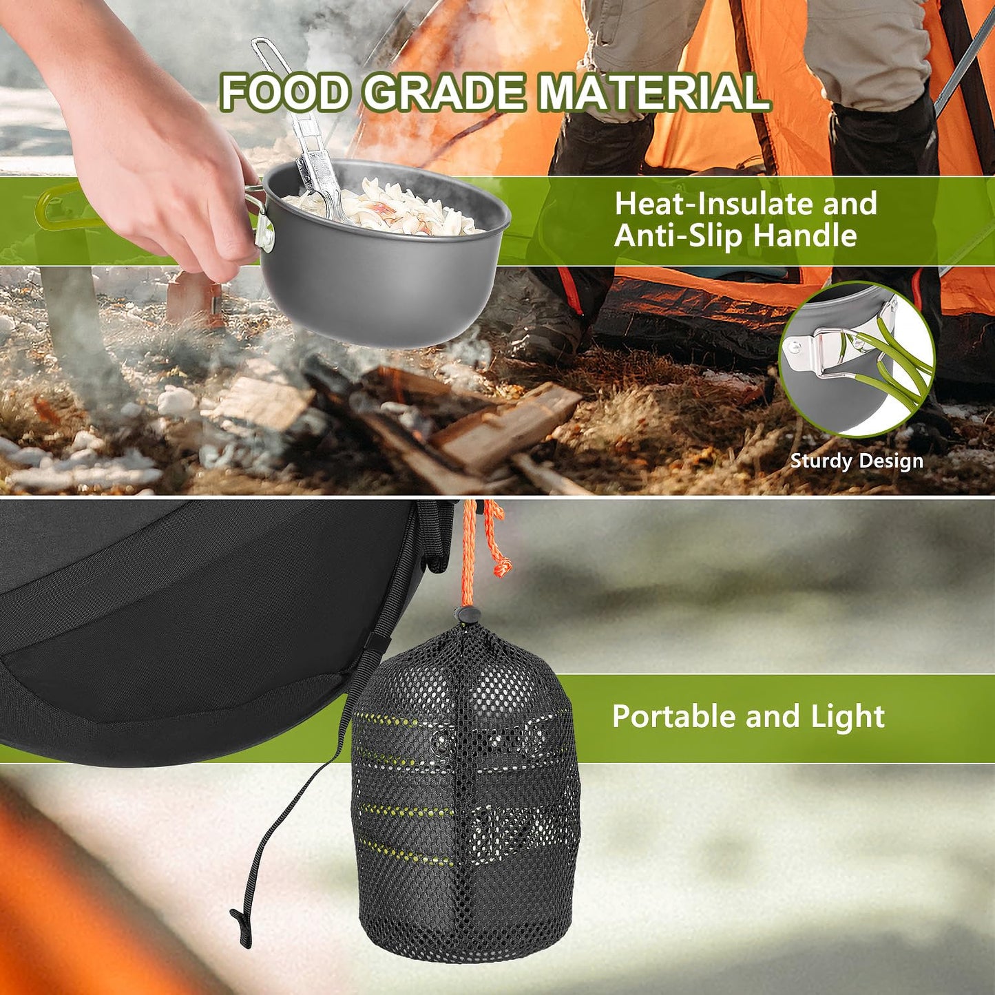 9pcs Camping Cookware Kit, Portable Camping with Non-Stick Pots, Pans Set and Folding Fork, Lightweight Backpacking cookware Cooking Set for Backpacking, Outdoor Camping