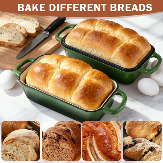 9 x 5 Inch Bread Pan Enameled Cast Iron Loaf Pan with Lid for Baking, 2 in 1 Non-stick Sourdough Bread Loaf Pan for Homemade Bread, Oven & Stovetop Safe for Gas, Electric & Induction, Green