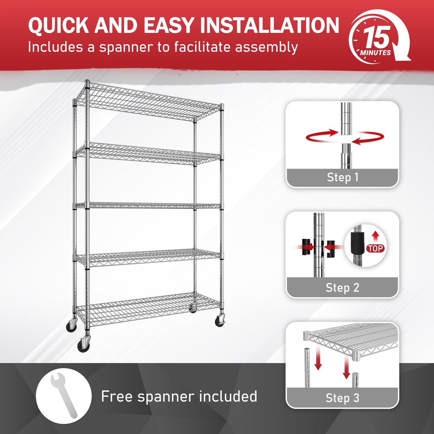 BlueWish 5-Tier Heavy Duty Steel Wire Shelving Unit with Wheels, Adjustable Storage Shelving Unit, 18" D x 48" W x 76" H NSF Certified Rolling Shelving for Kitchen Garage Basement Warehouse, Chrome