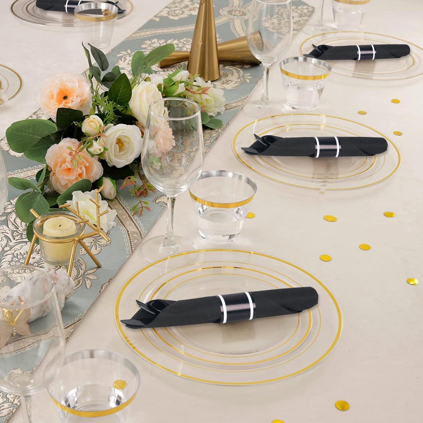Dlebay 50 Pack Pre Rolled Black Plastic Silverware Set,Wrapped Plastic Cutlery Set with Napkin Include 50 Forks,50 Spoons,50 Knives and 50 Black Napkins for Party,Wedding
