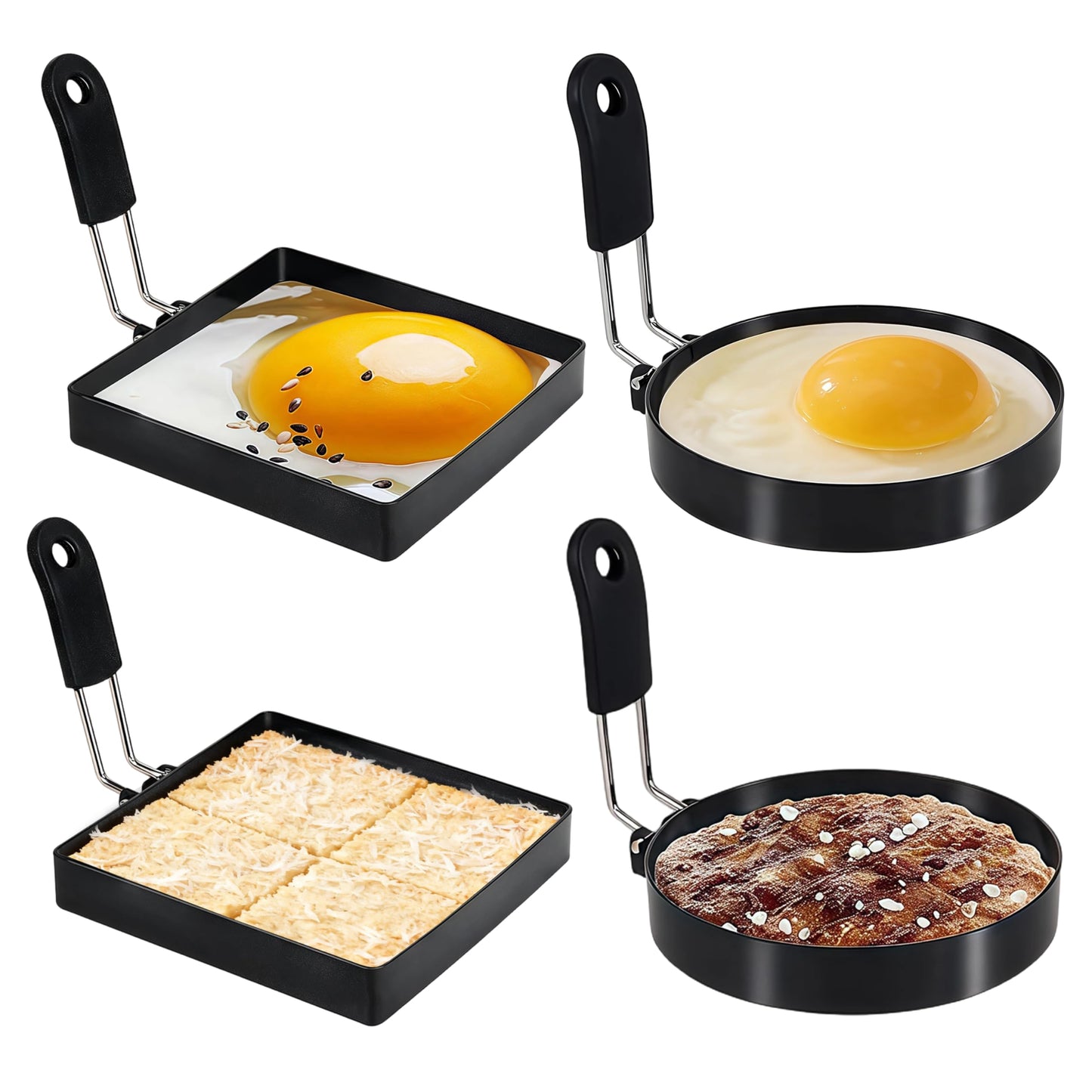 Beiskll 4 Pack Egg Rings for Frying Eggs, Round & Square Egg Cooking Stainless Steel, for English Muffins Pancake, with Silicone Handle