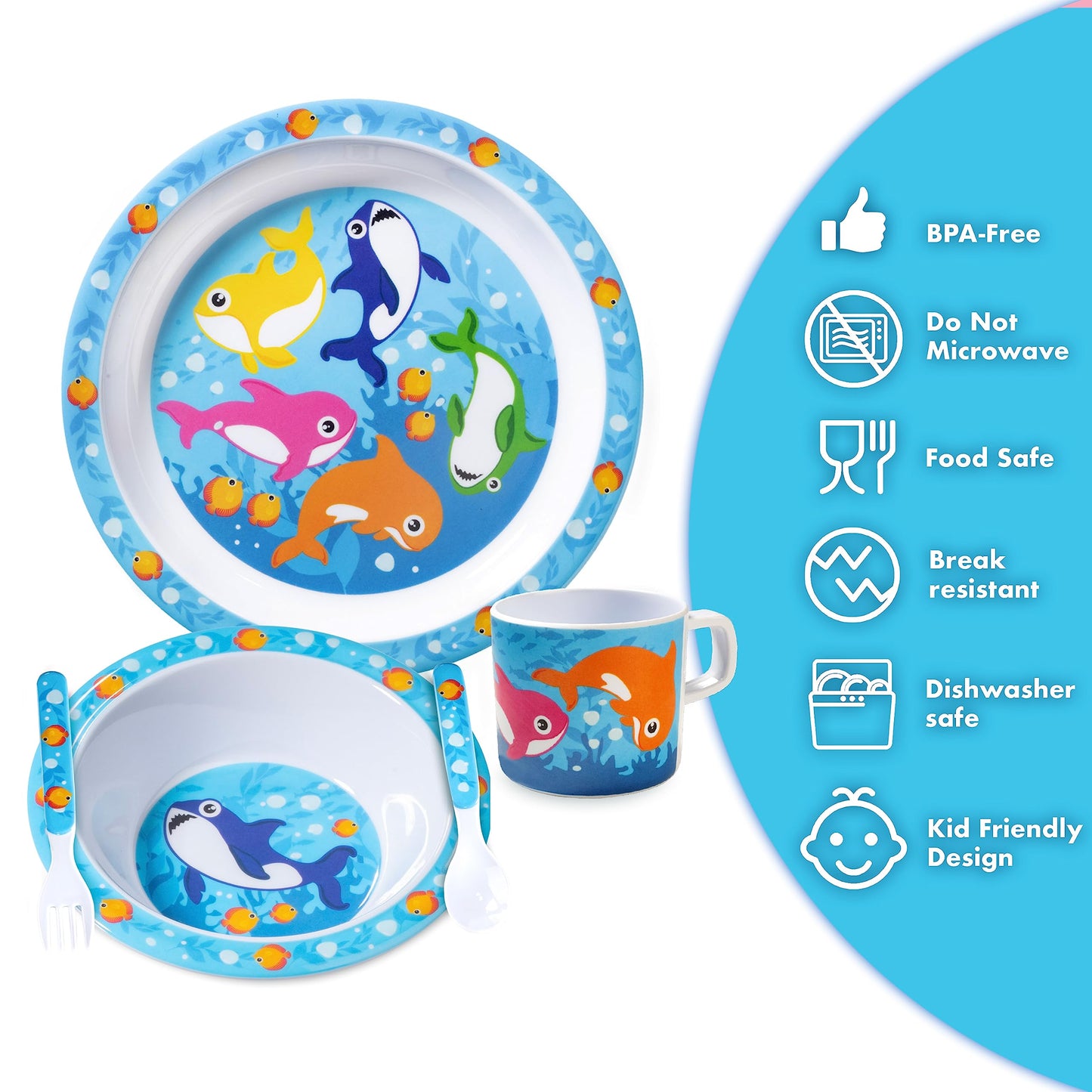 Bentology 5 Pc Mealtime Set for Kids - Shark Theme -Includes Raised Edge Plate & Bowl, Cup, Fork & Spoon -Dishwasher Safe, BPA Free- Cute Durable Dish, Easy Self-Feeding- Gift for Toddlers