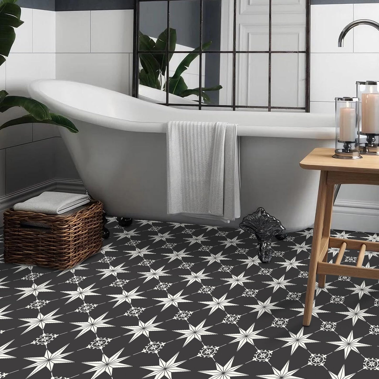 MORCART Peel and Stick Floor Tile - 40 PCS, 7.87" x 7.87" Vinyl Flooring - Waterproof Self-Adhesive Tile Sticker for Bathroom, Kitchen, Living Room, Bedroom - Black and White/Retro Floral Look