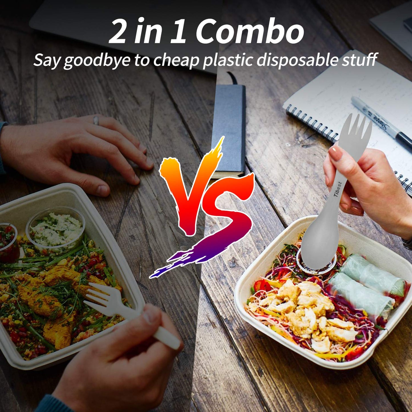 Tibest 2 in 1 Titanium Spoon and Fork Combo Backpacking Utensils Lightweight Eco-Friendly Spork for Camping Backpacking Hiking Travel etc (2 Pack)
