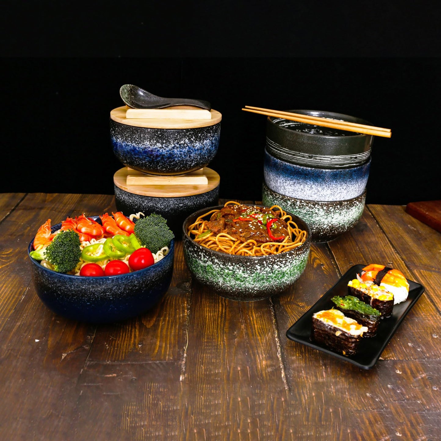 Japanese Ceramic Ramen Bowls Set with Ceramic Spoon, Chopsticks，Lid，38 Ounces Large Capacity Rice Noodle Ramen Bowl for Pho Soup Pasta Salad，Microwavable Oven Safety (Blue)
