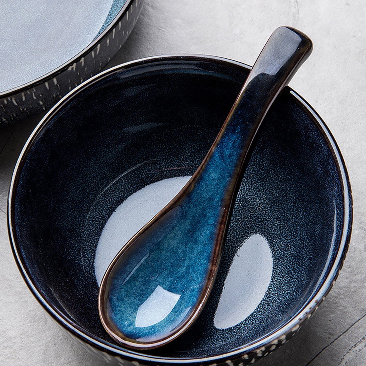 Japanese Ramen Soup Spoons Asian Blue Ceramic Soup Spoon for Pho Dessert Noodle 5 Pcs