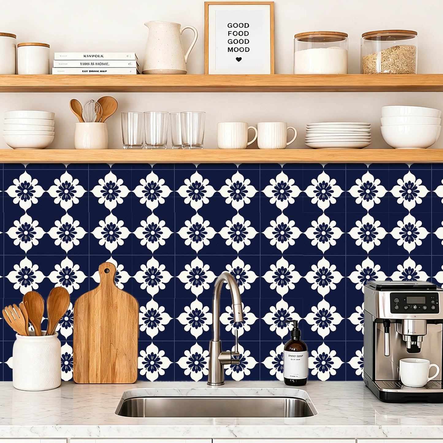 IVN 10PCS 12x12 Inch Navy Floral Pattern Peel and Stick Floor Tiles Removable Self Adhesive Vinyl Flooring Stickers for Bathroom Kitchen Balcony Decor