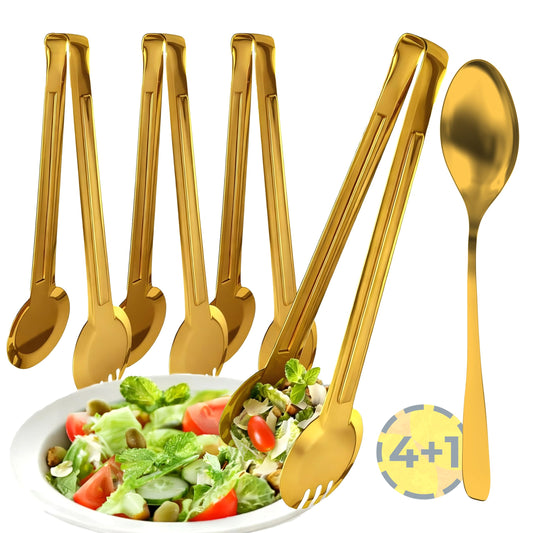 4 Pack Gold Serving Tongs Set with Serving Spoon, Stainless Steel Buffet Tongs Serving Utensils, Salad Tongs with Spoon & Fork Ends, 9 Inch Food Serving Tongs for Buffet, Catering, Party and Kitchen
