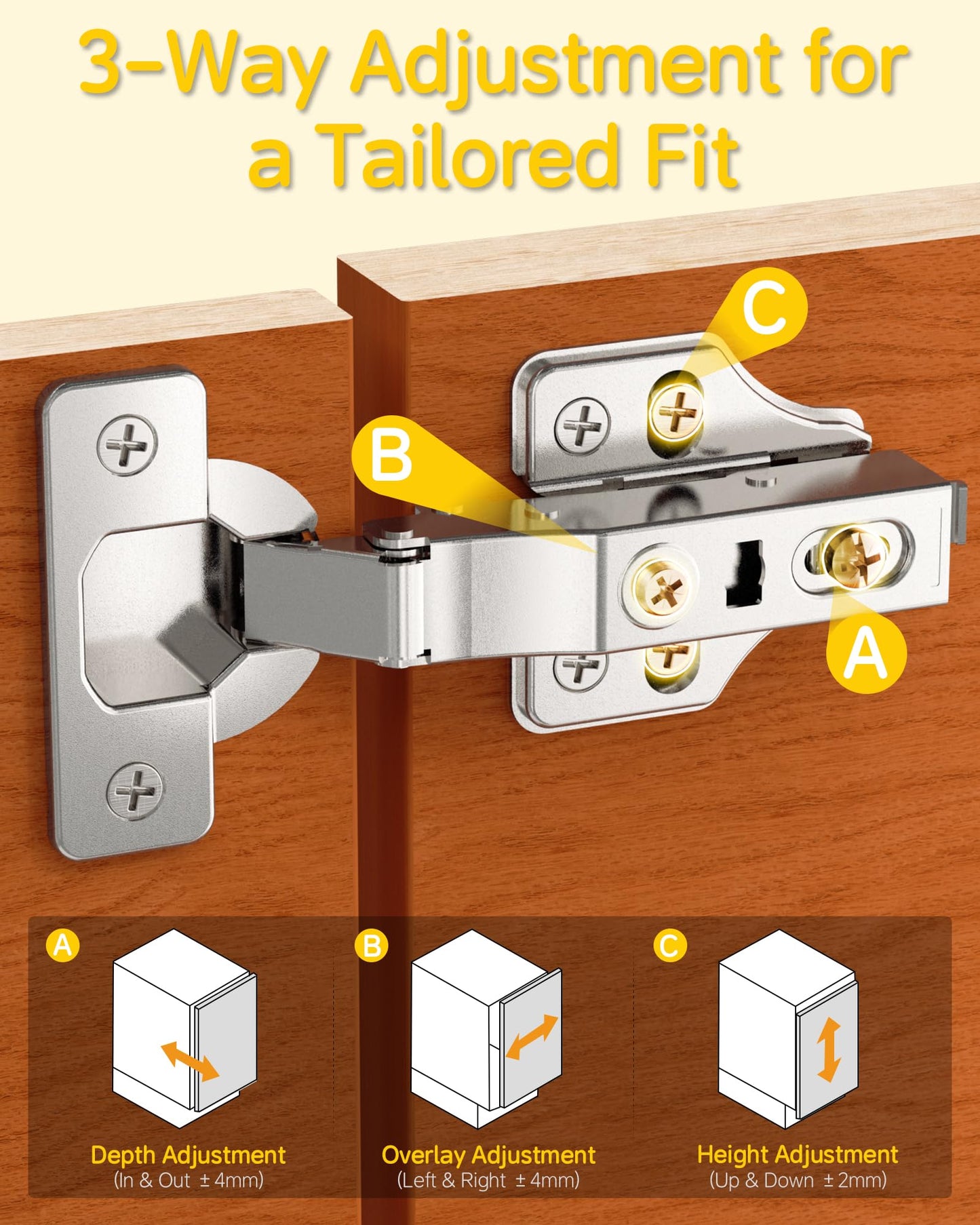 Onemake 4 Pack Full Overlay Soft Close Cabinet Hinges, Stay at Will 105° Concealed Hinge, Smooth Slow Self Closing, 3D Adjustment, Clip-on Plate, Frameless Hidden Door Hardware for Kitchen Cupboard
