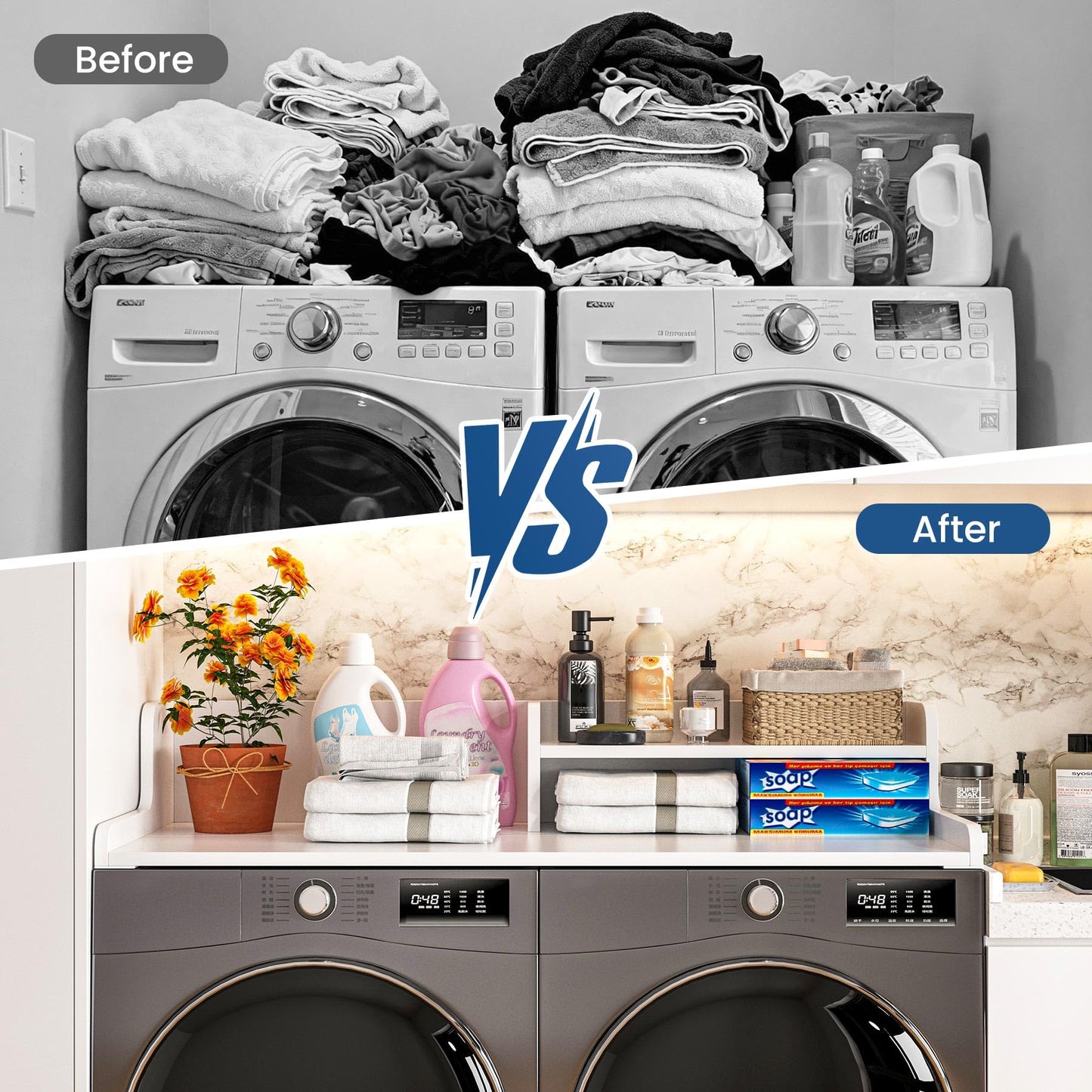 BREENHILL Washer Dryer Countertop with Open Storage Shelf & Raised Edge Guard, Laundry Countertop Over Washer Dryer, Non-Slip Heavy Duty Wood Topper for Front Load Machines, White