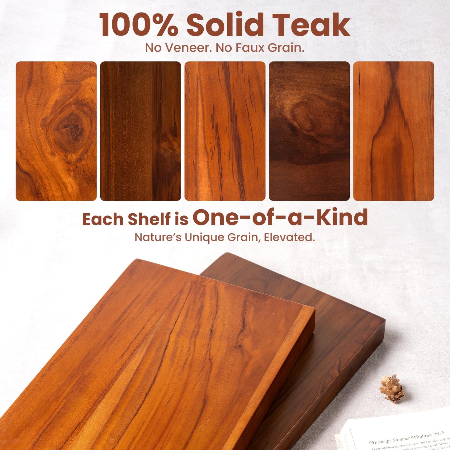 Realgulf 24 Inch Teak Floating Shelves Set of 2 - Solid Natural Wood Wall Mounted Shelves with Invisible Brackets - Heavy Duty Waterproof Storage for Bathroom, Kitchen, Living Room & Outdoor