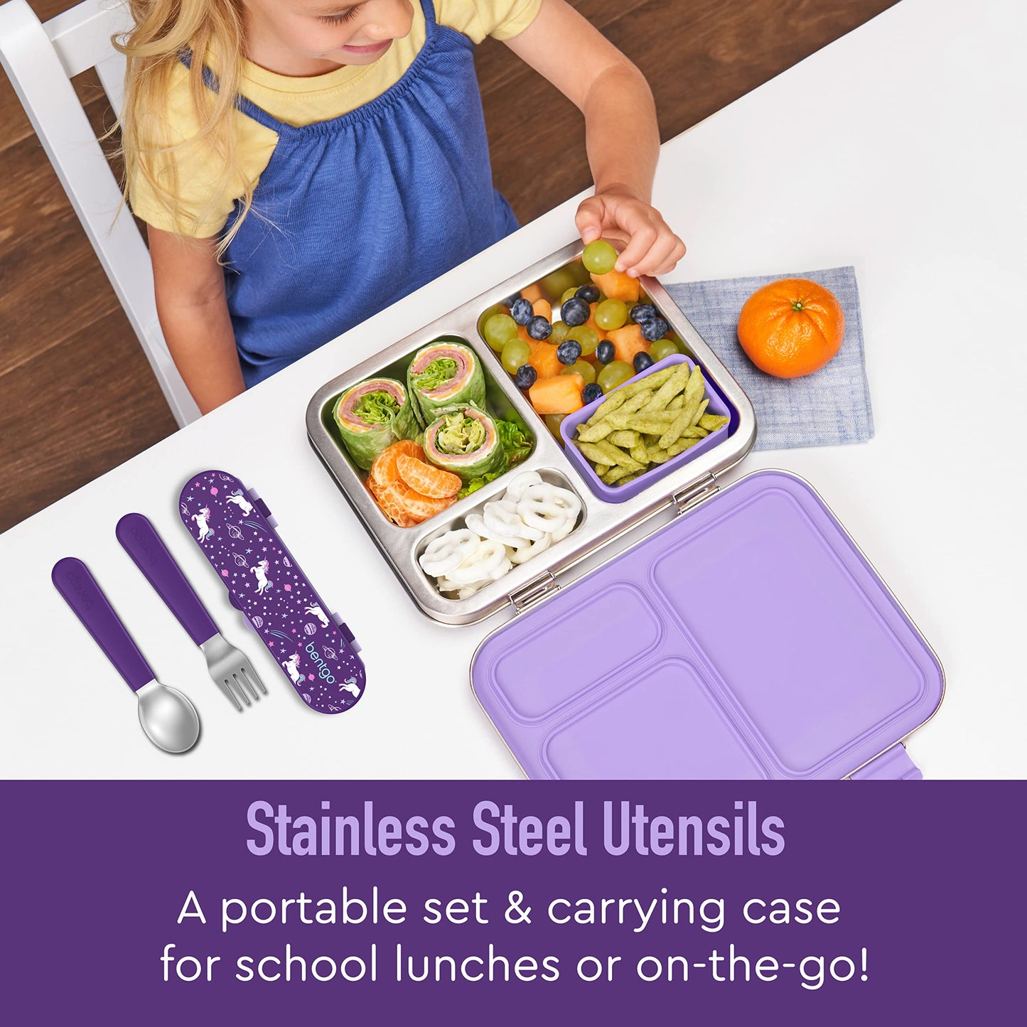 Bentgo Kids Stainless Steel Utensil Set - Reusable Fork, Spoon & Storage Case, PFAS- & BPA-Free, Easy-Grip Handles, Lightweight, Dishwasher Safe, School Lunch, Travel & Outdoors (Unicorn)