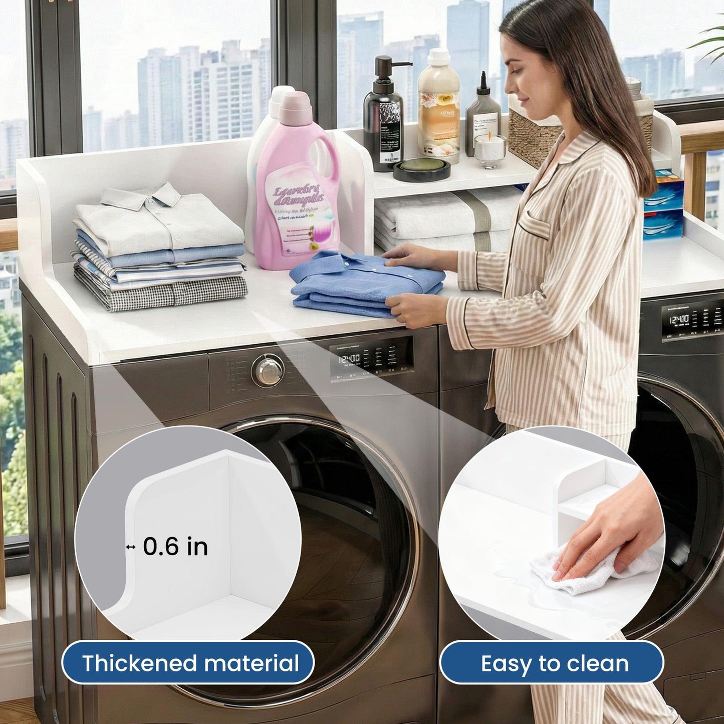 BREENHILL Washer Dryer Countertop with Open Storage Shelf & Raised Edge Guard, Laundry Countertop Over Washer Dryer, Non-Slip Heavy Duty Wood Topper for Front Load Machines, White