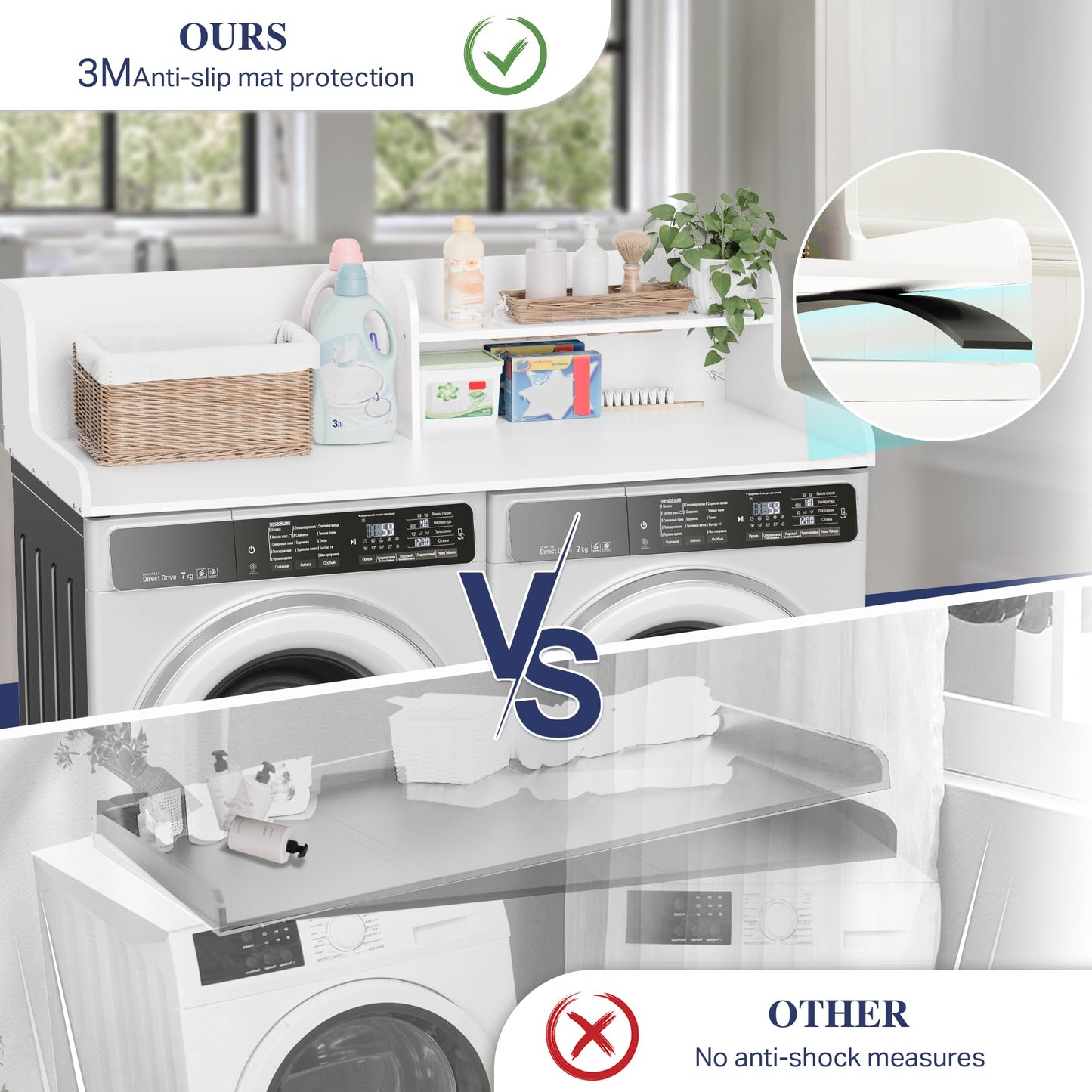 DTK Washer Dryer Wood Countertop with Shelf, Laundry Topper with Non-Slip Mat,27.55" Depth x 54" Width Dryer Covers for The Top with Edge Rails (White)