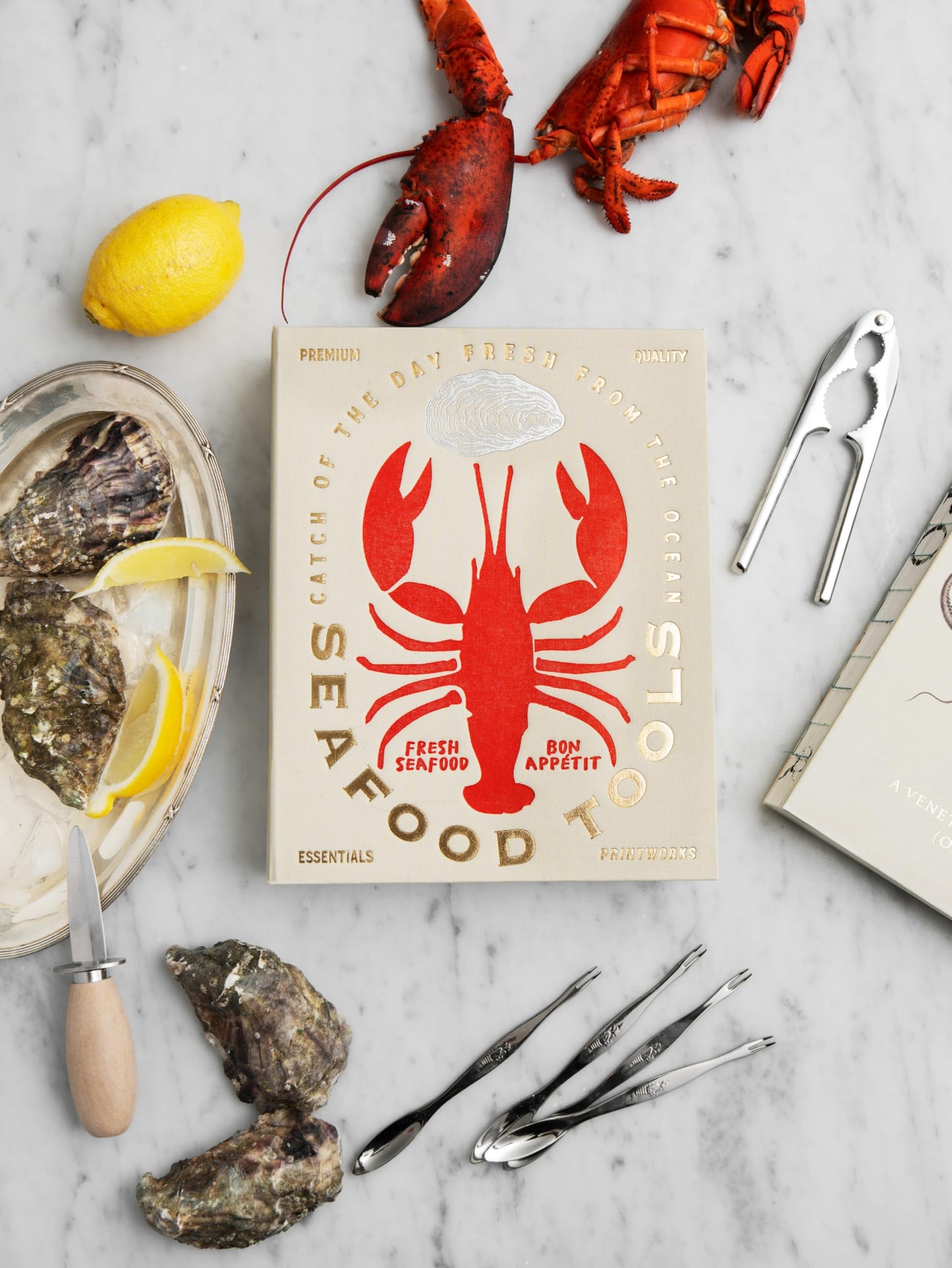 Printworks The Essentials, Seafood Tools – Seafood Tools Set with Oyster Knife, Shell Cracker & 4 Seafood Picks in Elegant Book-Style Case