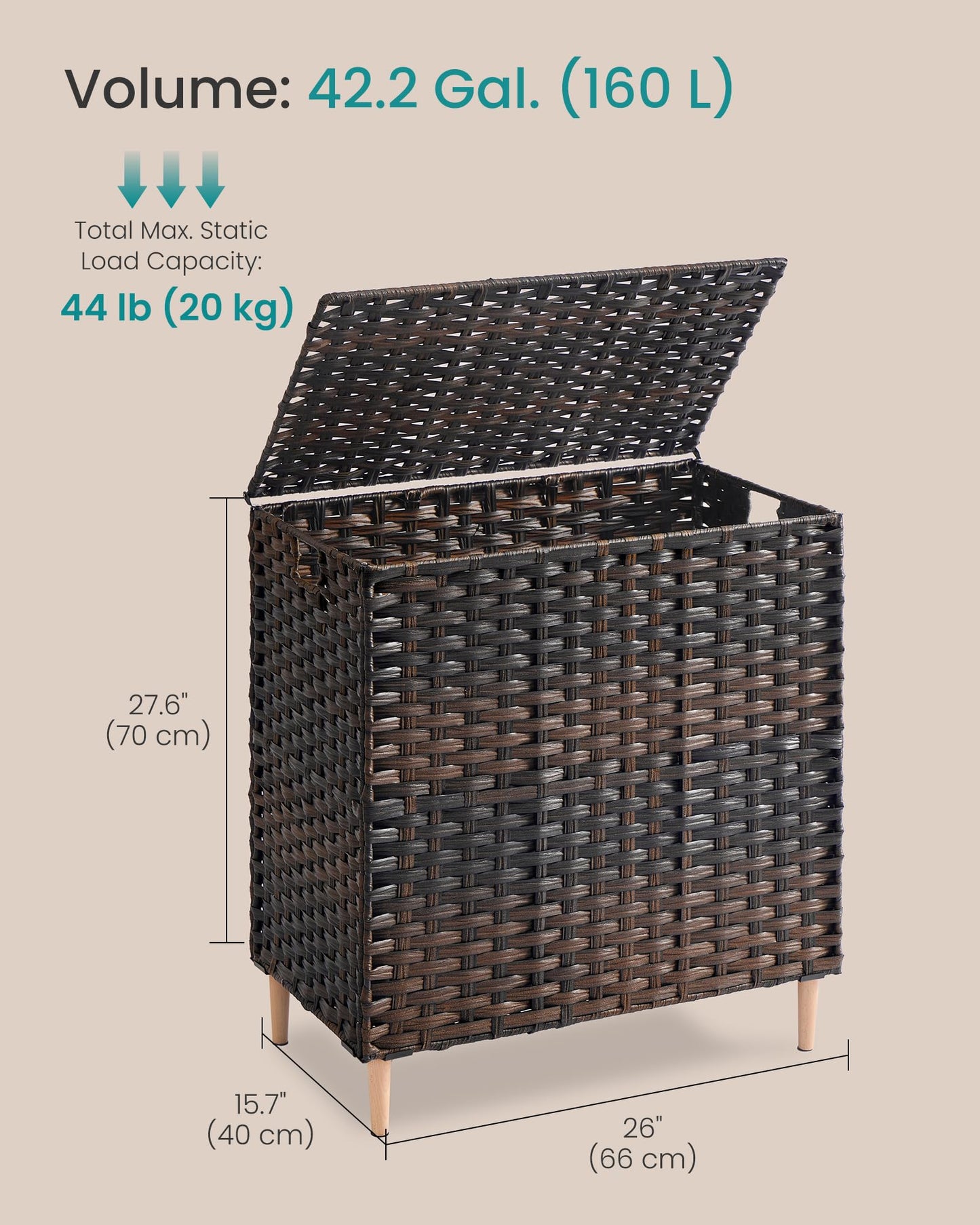 SONGMICS 3-Section Laundry Hamper with Lid, 42.2 Gal (160L) PE Rattan Laundry Basket with Removable Washable Liners, for Bedroom & Living Room, Chestnut Brown ULCB223ME01