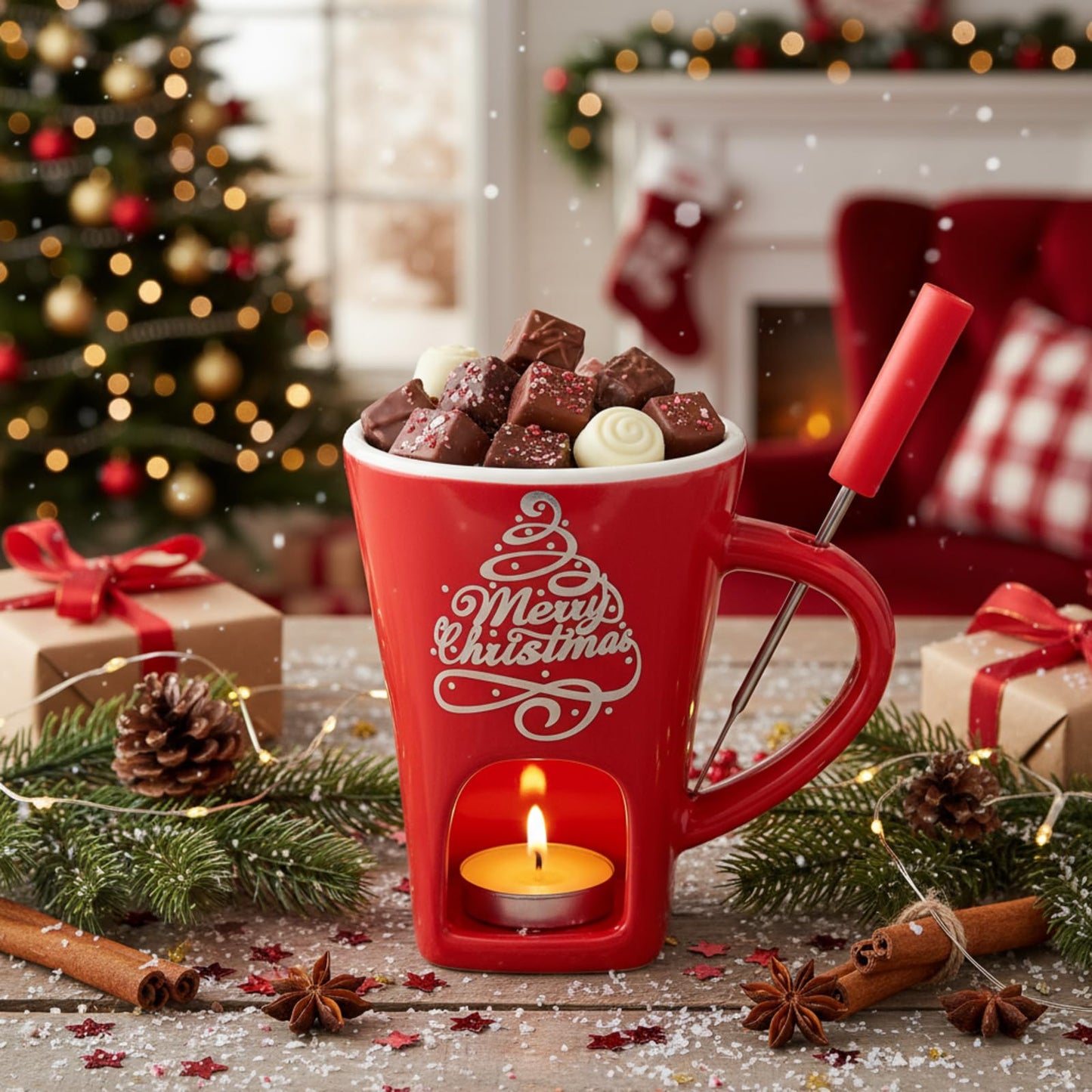 Honeydak Christmas Chocolate Fondue Mug with Fork and 3 Candle Sweet Ceramic Personal Chocolate Melting Cup Ideal Xmas Gifts Birthday Date Night Birthday Wedding Gifts(Red,Classic)