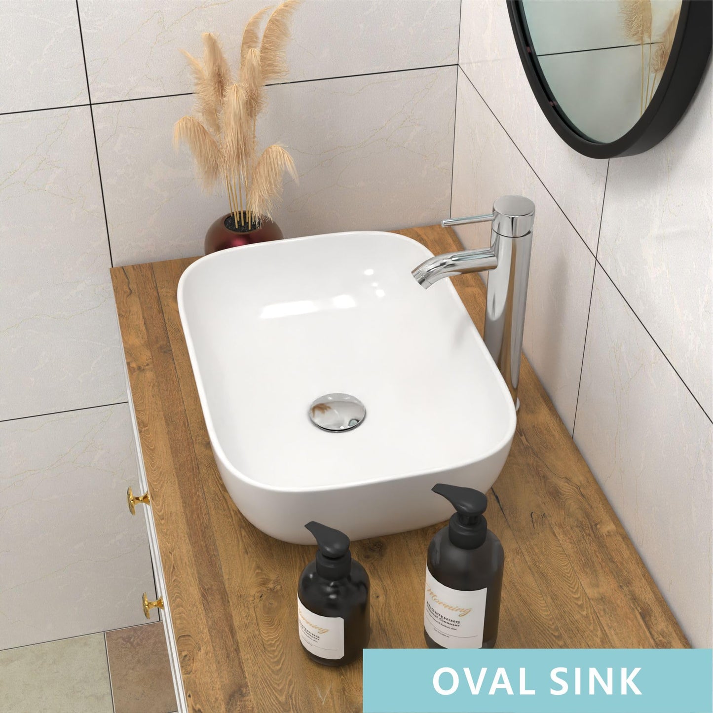 J-FAMILY 18.3'' x 13'' Bathroom Vessel Sink White Porcelain Ceramic Wash Basin Vanity Above Counter Oval Sink Lavatory Art Basin