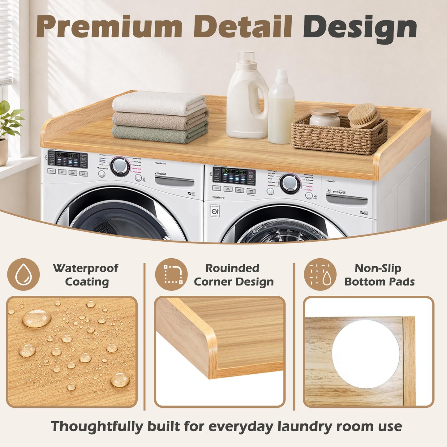 Royxen Washer Dryer Countertop with Solid Wood Core,54“W x 27.5D Laundry Countertop with Edge Rails,Washer and Dryer Topper for Laundry Room Organization (Oak)