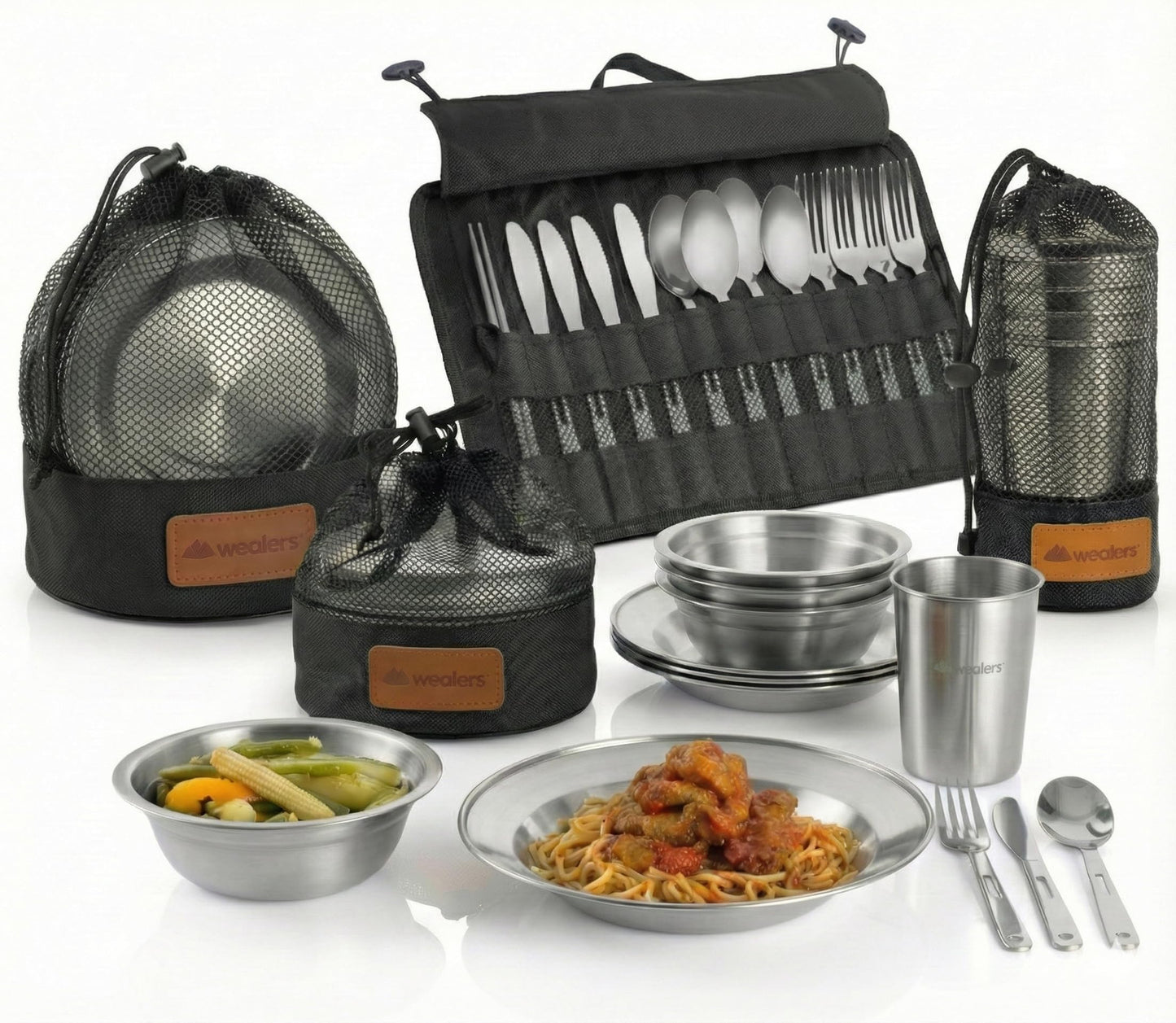 Wealers Unique Complete Messware Kit Polished Stainless Steel Dishes Set| Tableware| Dinnerware| Camping| Buffet| Includes - Cups | Plates| Bowls| Cutlery| Comes in Mesh Bags (4 Person Set) (Black)